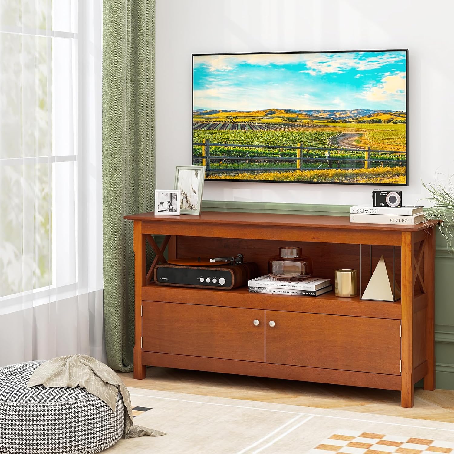 Tangkula Wooden TV Stand for TVs Up to 50 Inch, X Shape Console Storage Cabinet, Entertainment Center with 2 Doors & Shelf, Home Living Room Furniture, Farmhouse TV Storage Console (Coffee)