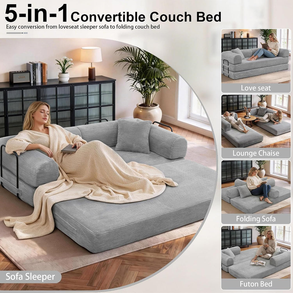 JJJ 78 inch Sofa Bed 4-in-1 Boneless Convertible Corduroy Sleeper Folding Couch with Fixed-Shape Frame and 2 Futons No Assemble Required 3 Seater Upholstered for Living Room (Light Grey, 78 inch)