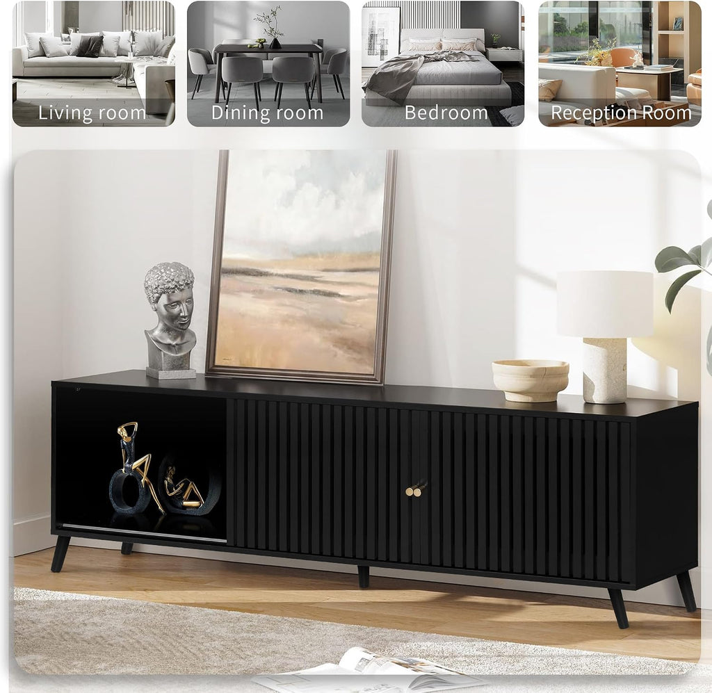 Oubayajia Mid Century Modern TV Stand for Televisions up to 70 Inches, with Sliding Doors and Storage, Television Stands, TV Consoles, Media Consoles for Living Room, 63 Inch (Black)