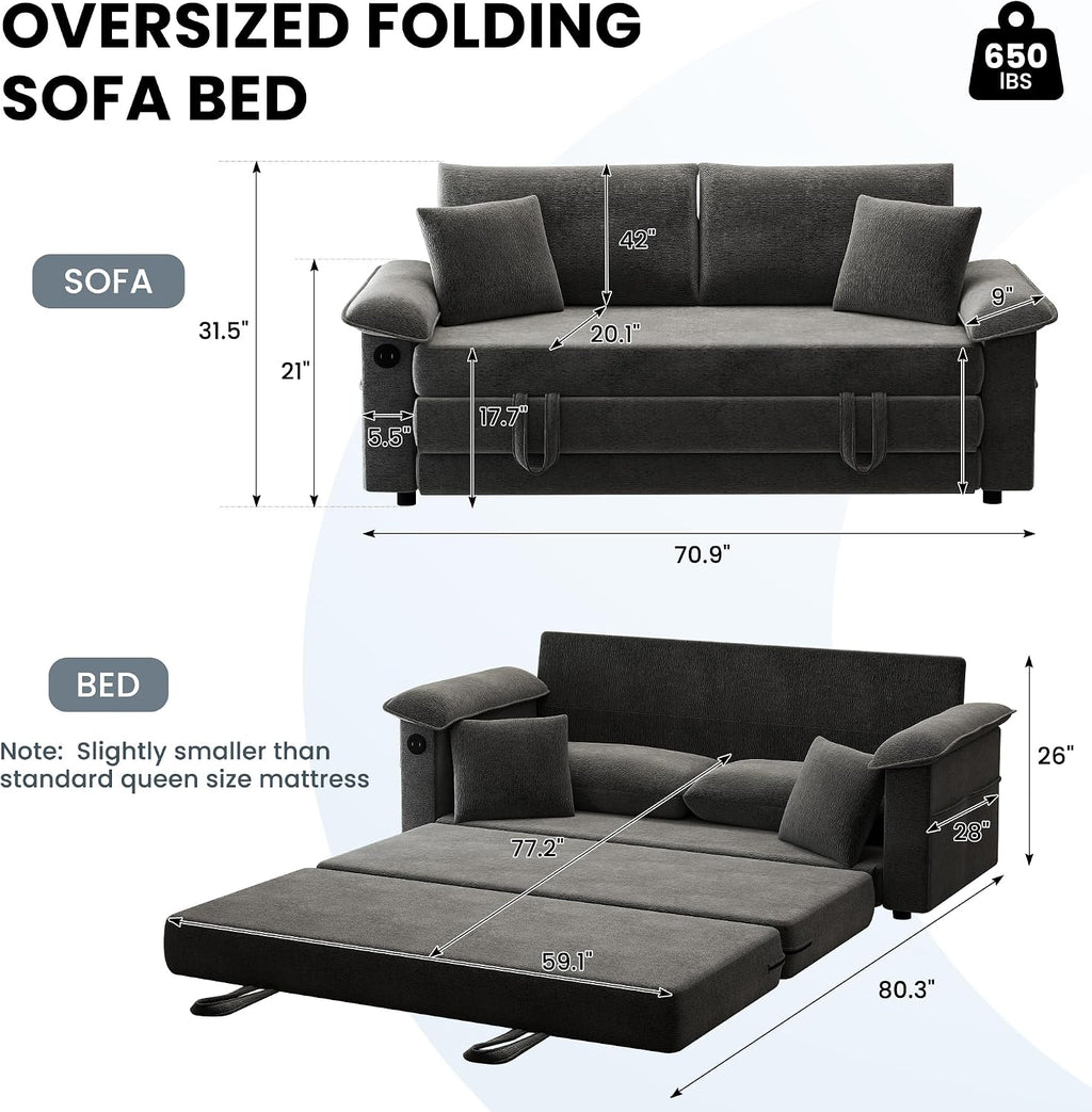 SUNWAVE 77' Sleeper Sofa Convertible Sofa Bed with USB Ports & Side Pockets, Chenille Loveseat Pull Out Couch with Full Size Sleeping Area, Folding Sofa Bed for Living Room & Small Spaces (Black)