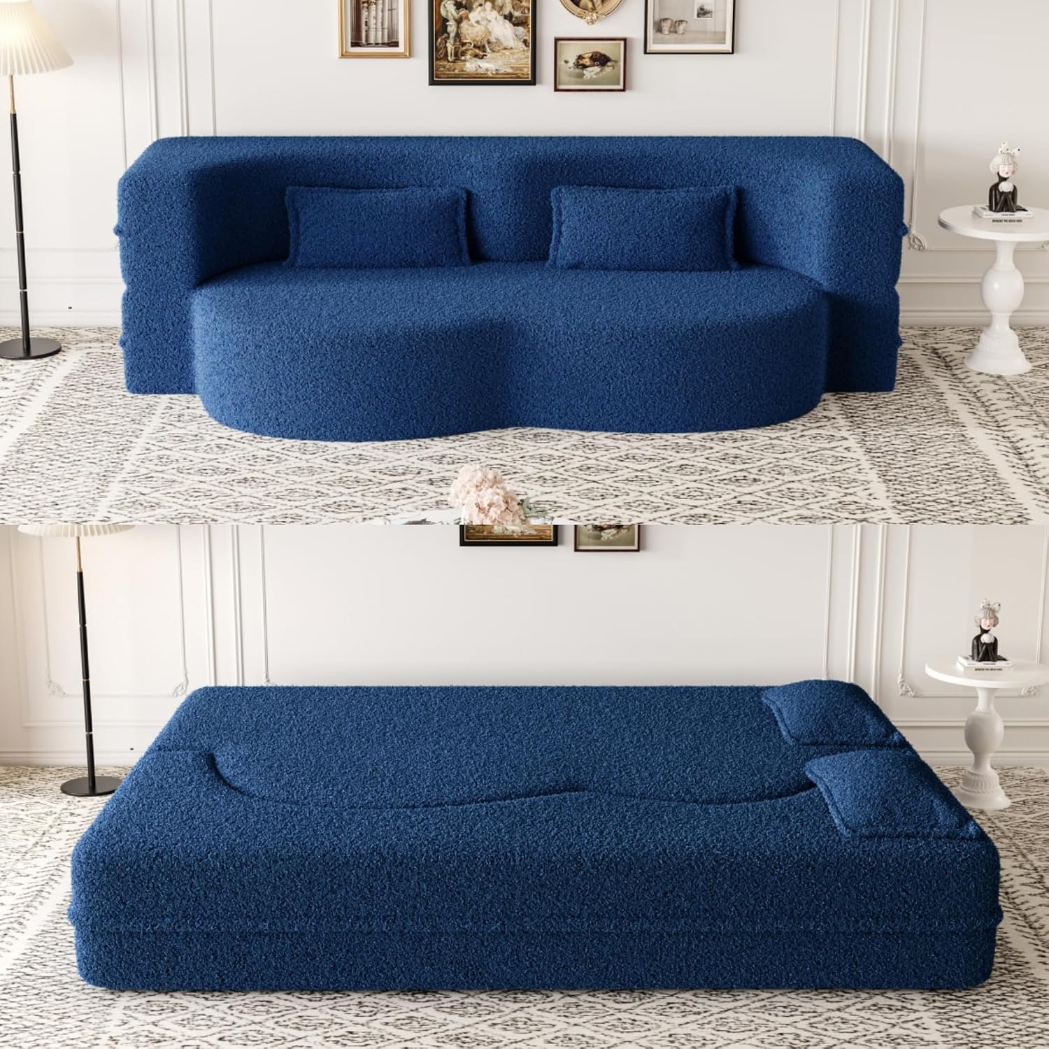 2-in-1 Futon Folding Sofa Bed,78 Inch Pull Out Sofa Bed Boneless Couch with 2 Pilow Convertible Sofa, Teddy Loveseat Sleeper Floor Sofa for Children's Room Bedroom Living Room (Teddy, Blue)