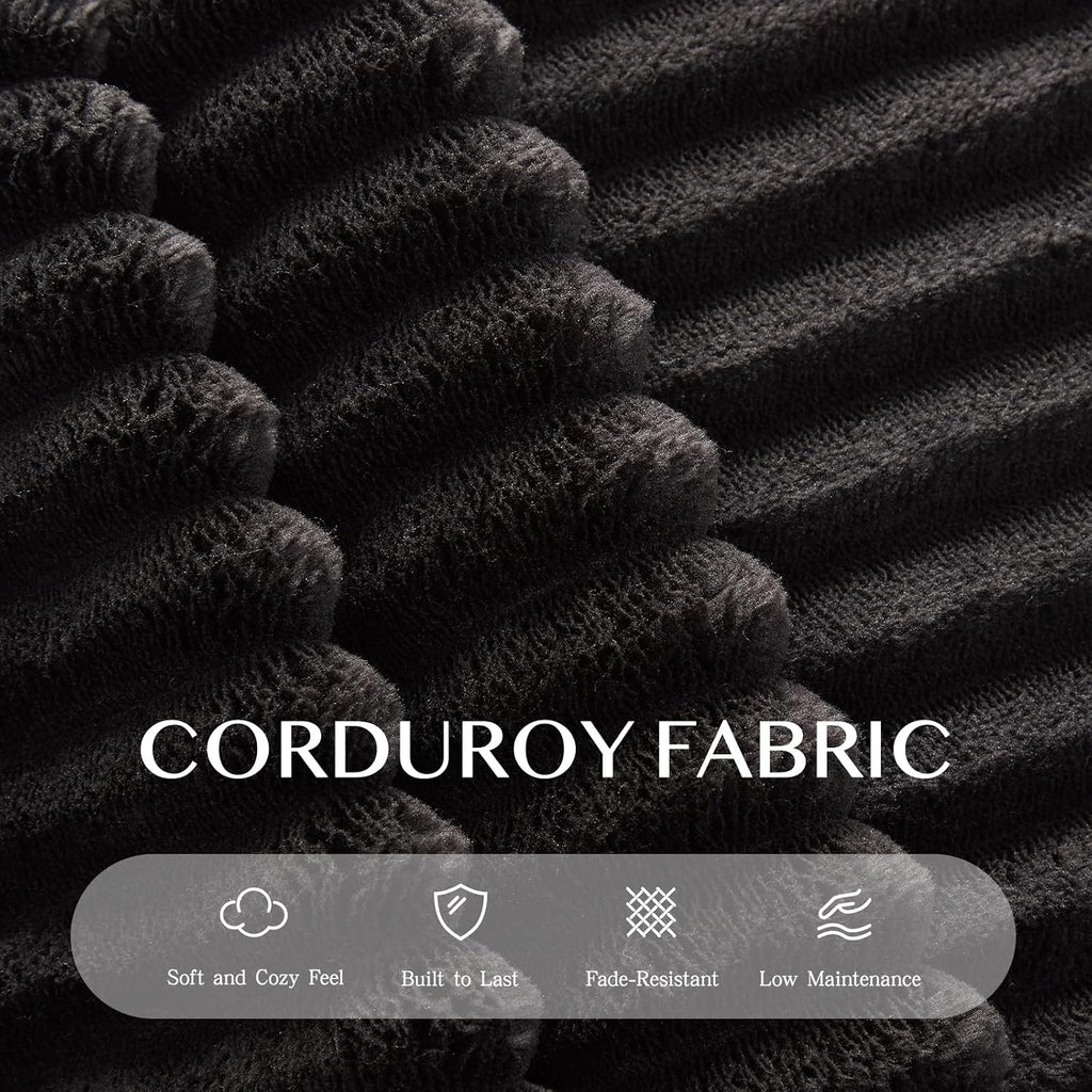 80'' Futon Sofa Bed, King Size Foldable Sleeper Sofa, Corduroy Boneless Loveseat Couch with Chaise Lounge, 3 Pillows, Blanket, Upholstered Sectional Couches for Living Room, Bedroom, Black
