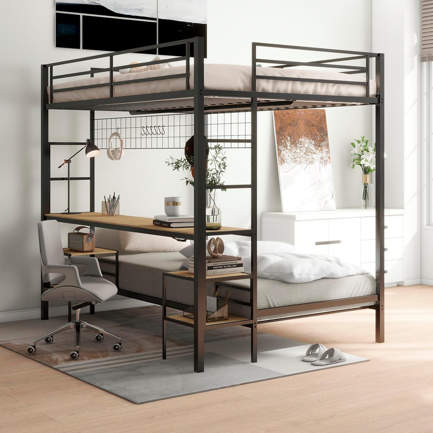 Bellemave Full Over Twin bunk Bed with Desk, loft Bed with Desk and Shelves, Full Over Twin Metal Bunk Beds with Charging Station, Black & Nature Oak