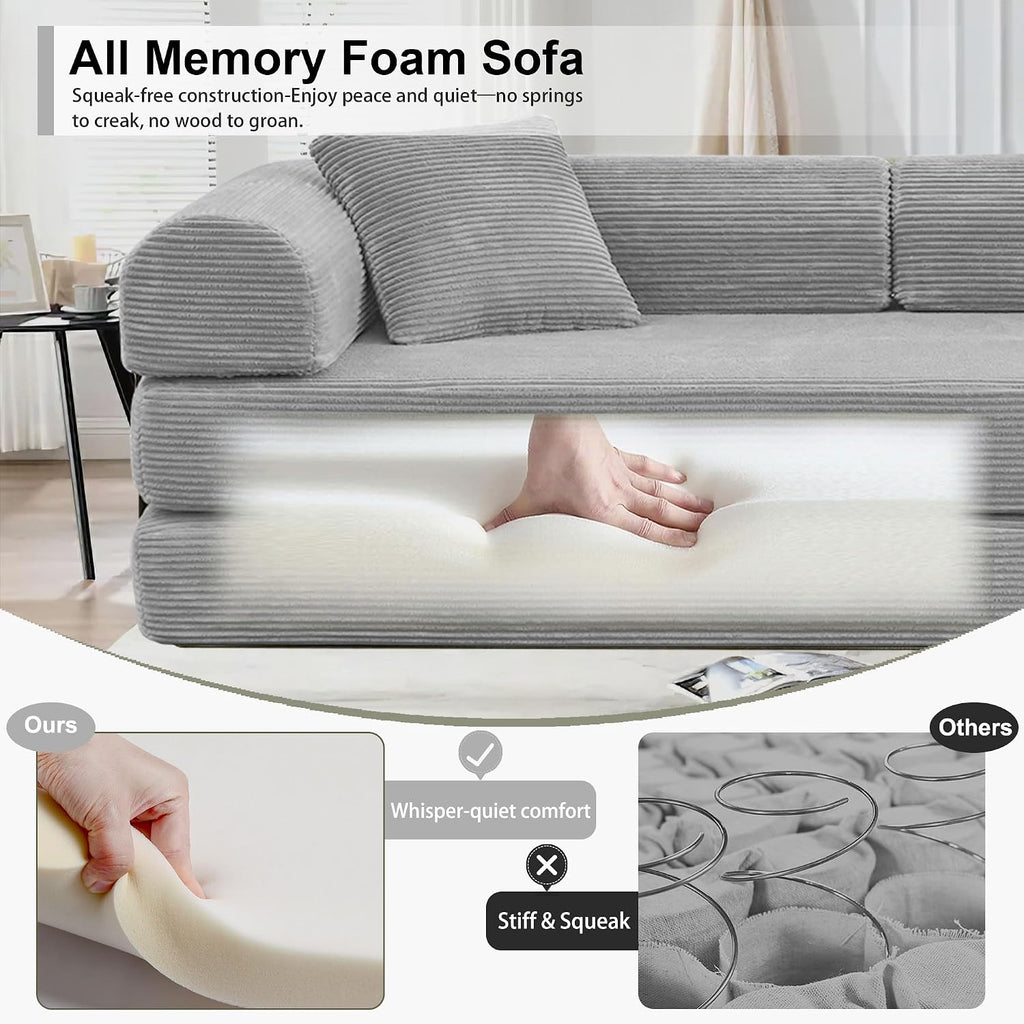 JJJ 89 inch Sofa Bed 4-in-1 Boneless Convertible Corduroy Sleeper Folding Couch with Fixed-Shape Frame and 2 Futons No Assemble Required 3 Seater Upholstered for Living Room (Light Grey, 89 inch)