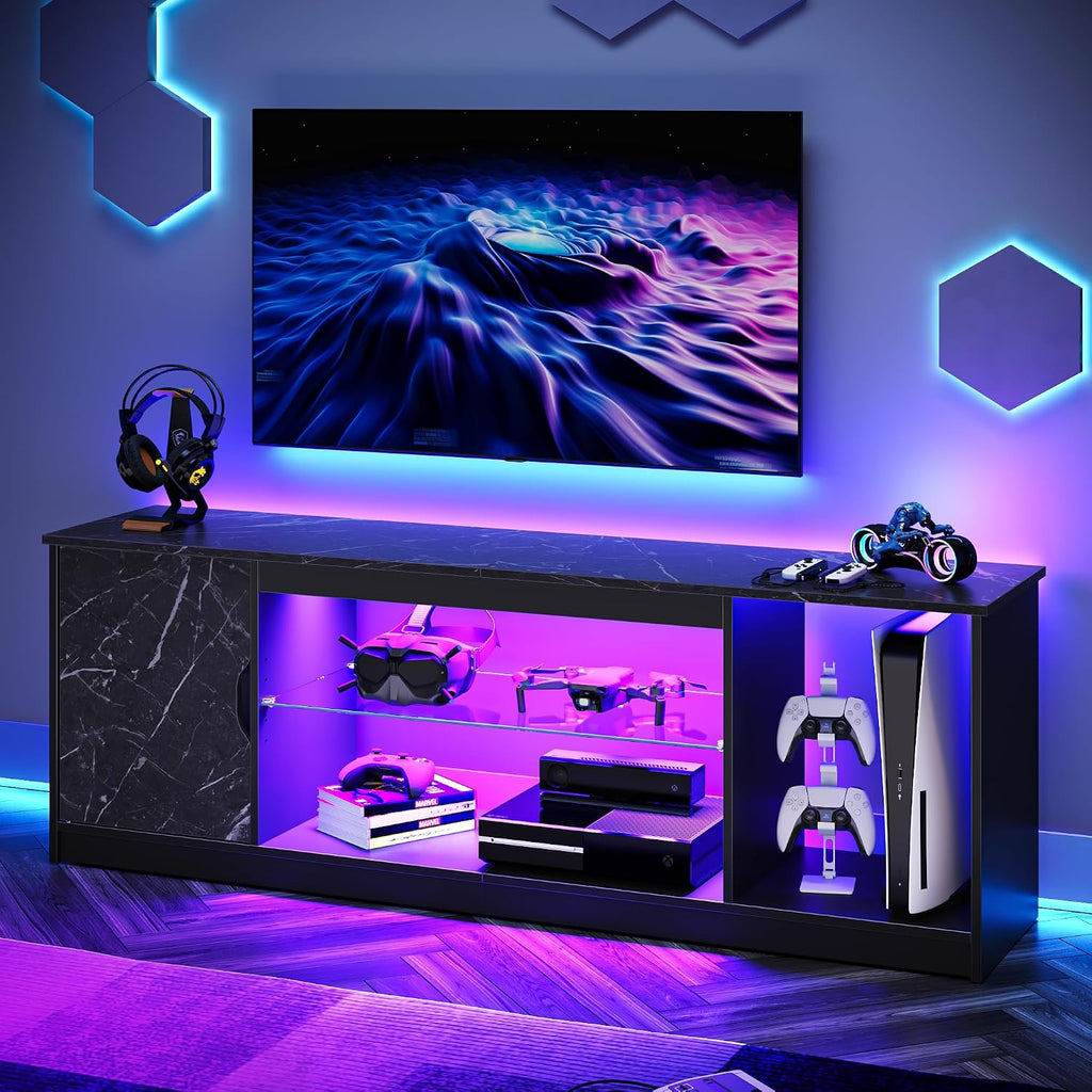 Bestier LED TV Stand for 55/60/65 Inch TV, Gaming Entertainment Center with Cabinet for PS5, Xbox,Modern TV Cabinet with Adjustable Glass Shelves for Living Room, Bedroom 57 Inch,Black Marble