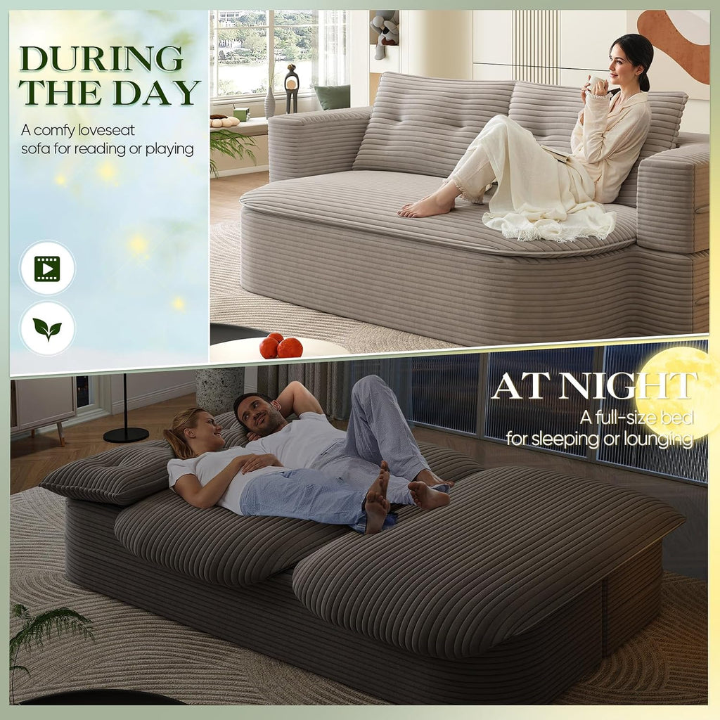 Convertible Sleeper Sofa, Modern 78-inch Folding Futon Corduroy Floor Foam Compression Loveseat Sofa Bed Couch, Foldable Full Size Guest Bed with 2 Pillows for Living Room Bedroom Apartment, Coffee