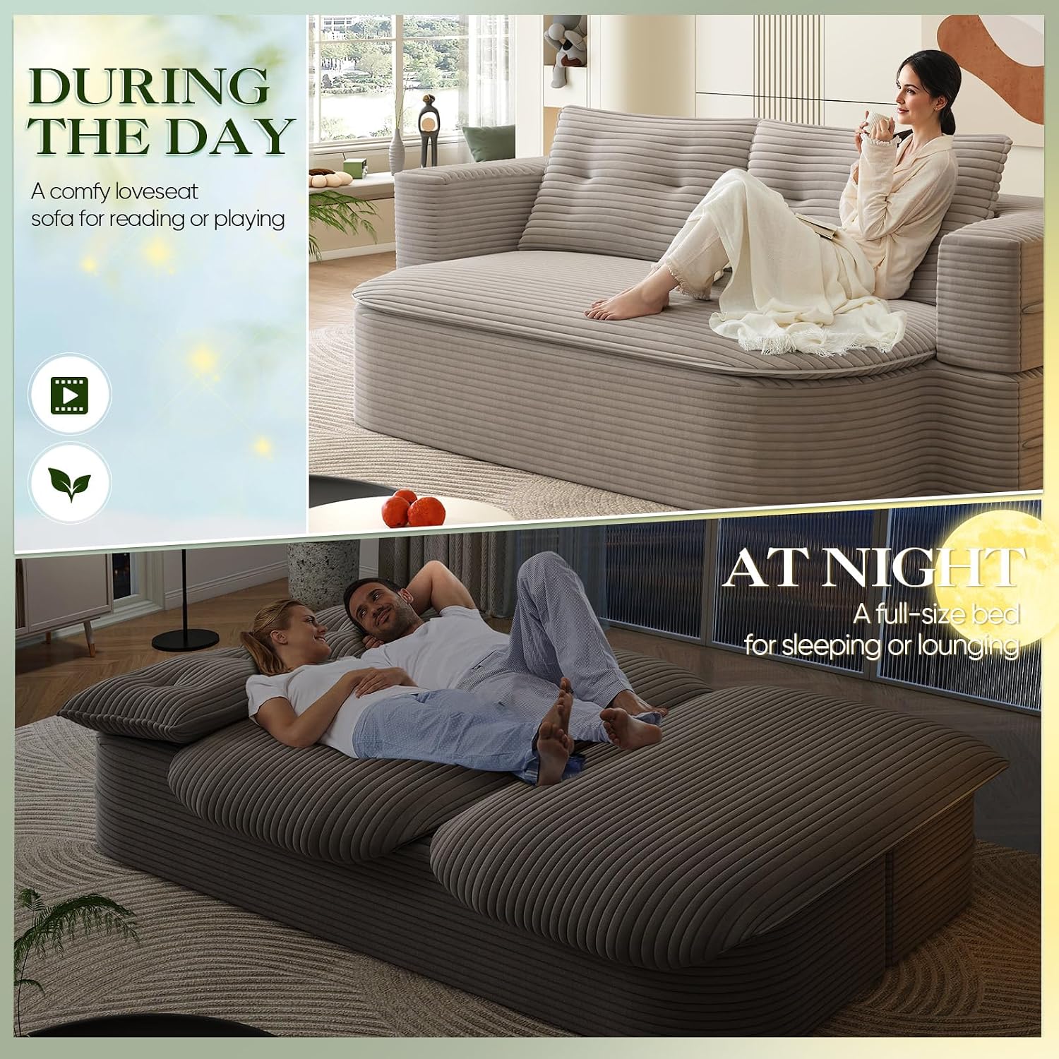 Convertible Sleeper Sofa, Modern 78-inch Folding Futon Corduroy Floor Foam Compression Loveseat Sofa Bed Couch, Foldable Full Size Guest Bed with 2 Pillows for Living Room Bedroom Apartment, Coffee