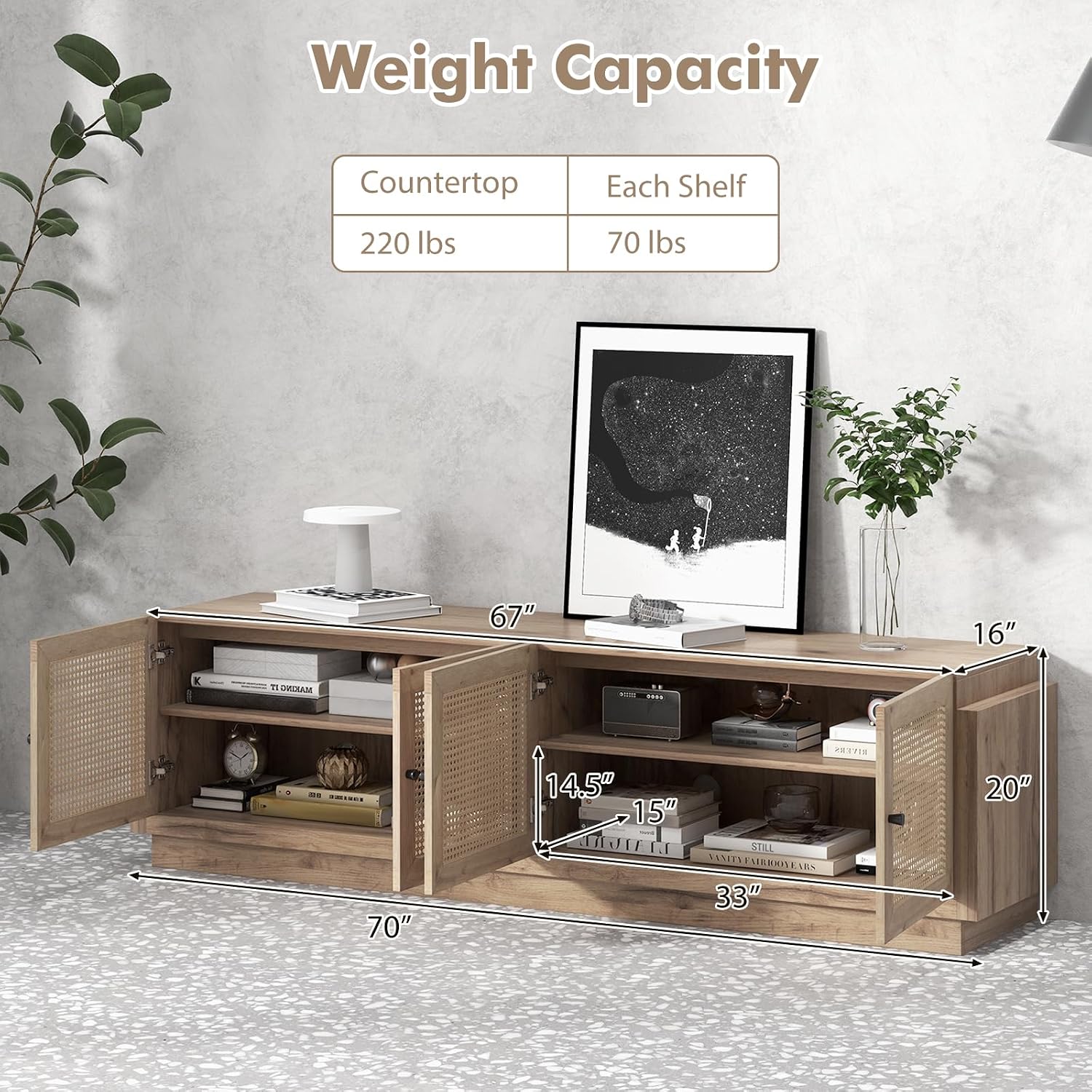Tangkula Farmhouse TV Stand for TVs Up to 75-Inch, PE Rattan Entertainment Center with Storage and Adjustable Shelves, Mid Century Modern TV Console with 2 Cabinets and 8 Cable Holes for Living Room