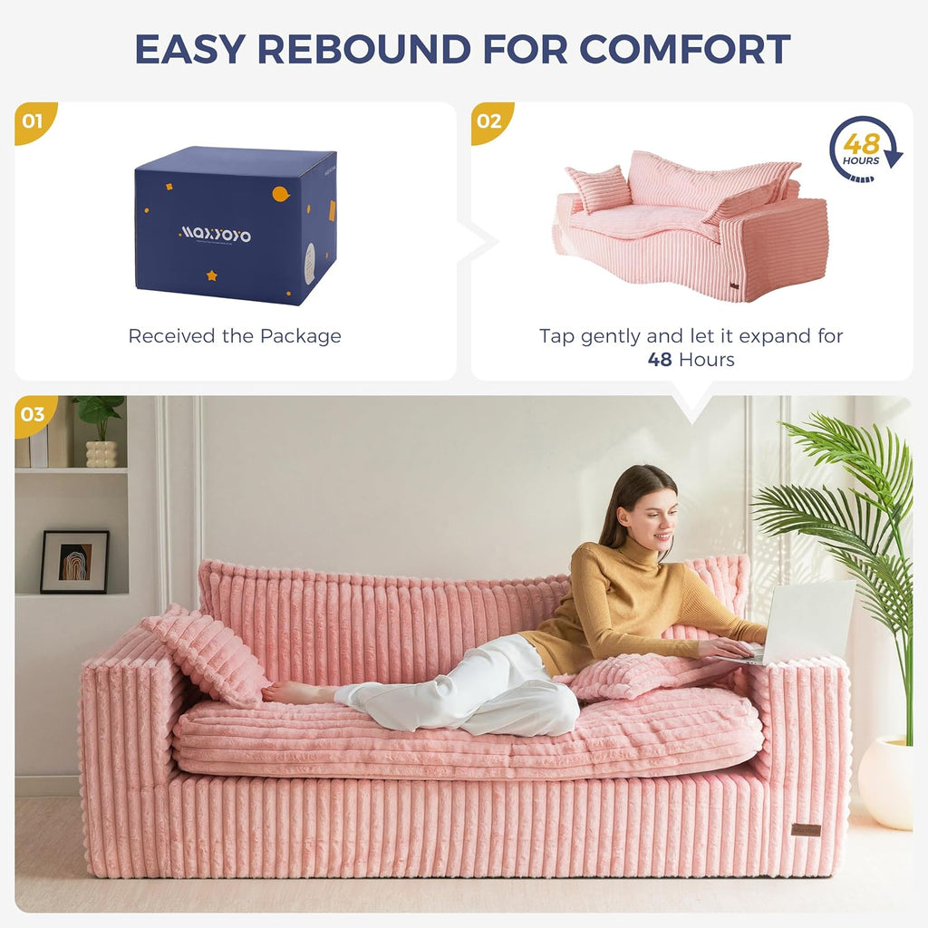 MAXYOYO 76' Bean Bag Sofa Couch, Loveseat Boneless Couch in a Box, Upholstered Small Mini Sofa with Deep Seating for Living Room Bedroom Office Apartment, Pink