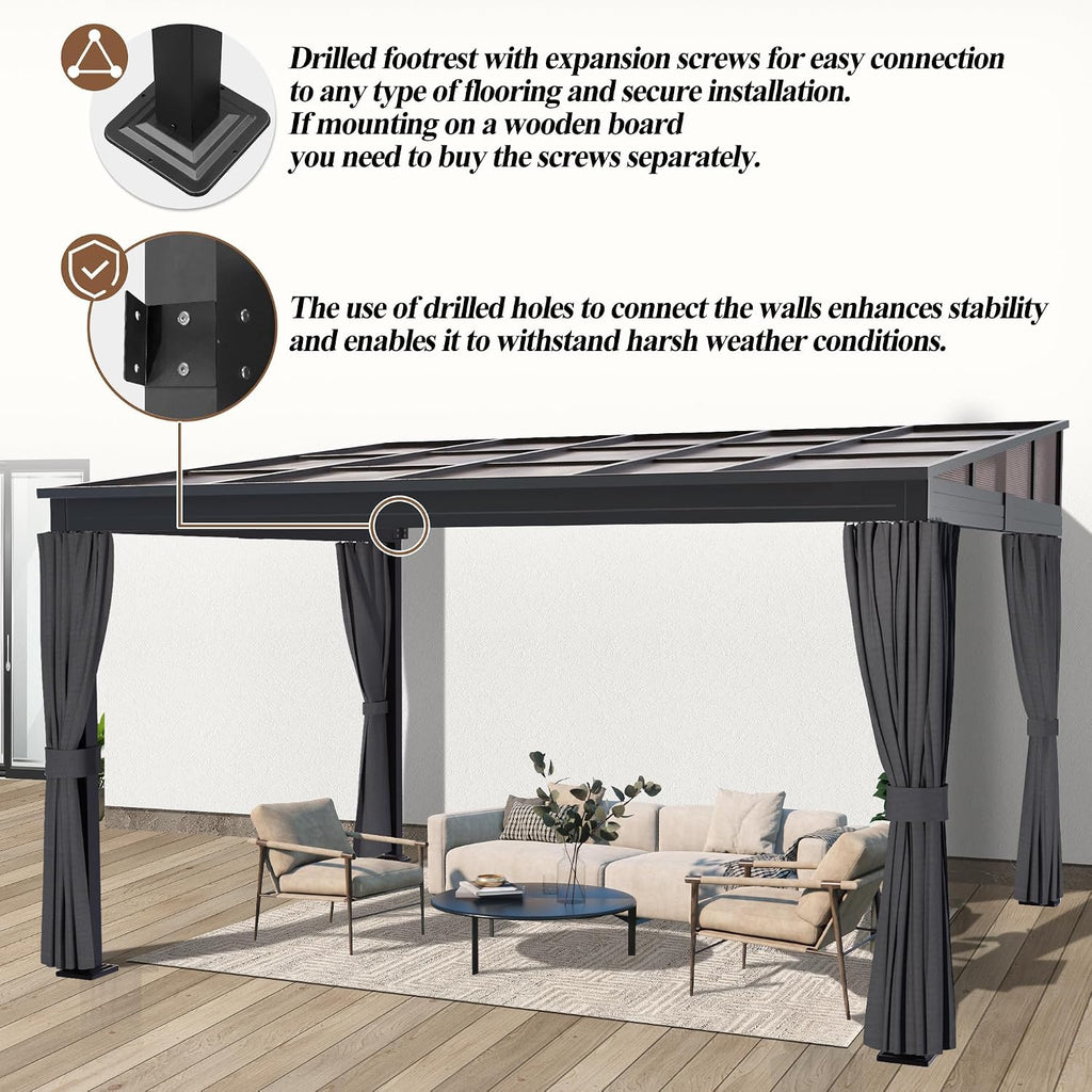 GARTOO 10' x 13' Upgraded Wall-Mounted Gazebo, Aluminum Outdoor Patio Lean to Gazebo Pergola with Roof, Canopy Awnings to House for Garden, Lawn, Backyard Deck and More