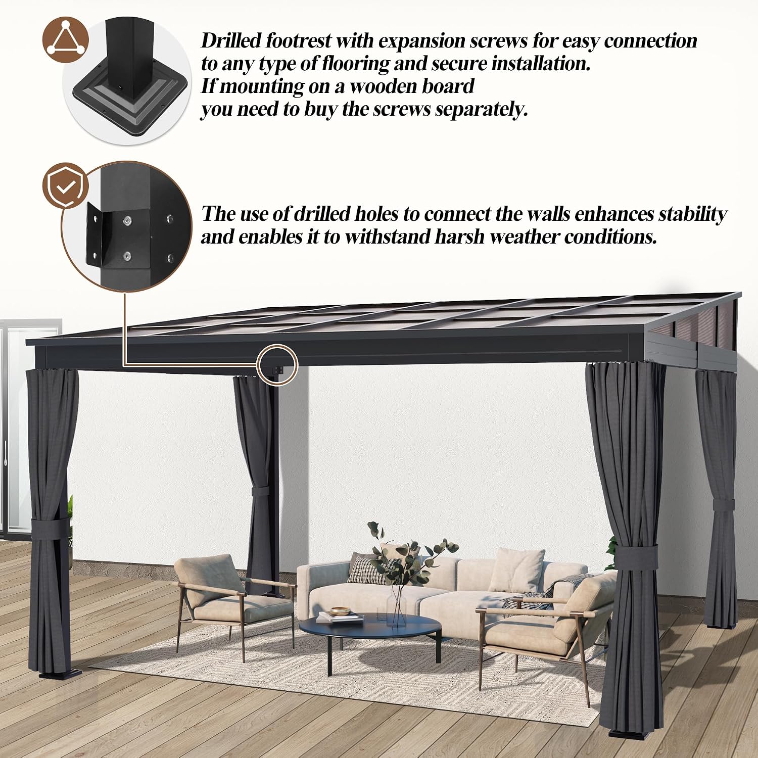 GARTOO 10' x 13' Upgraded Wall-Mounted Gazebo, Aluminum Outdoor Patio Lean to Gazebo Pergola with Roof, Canopy Awnings to House for Garden, Lawn, Backyard Deck and More