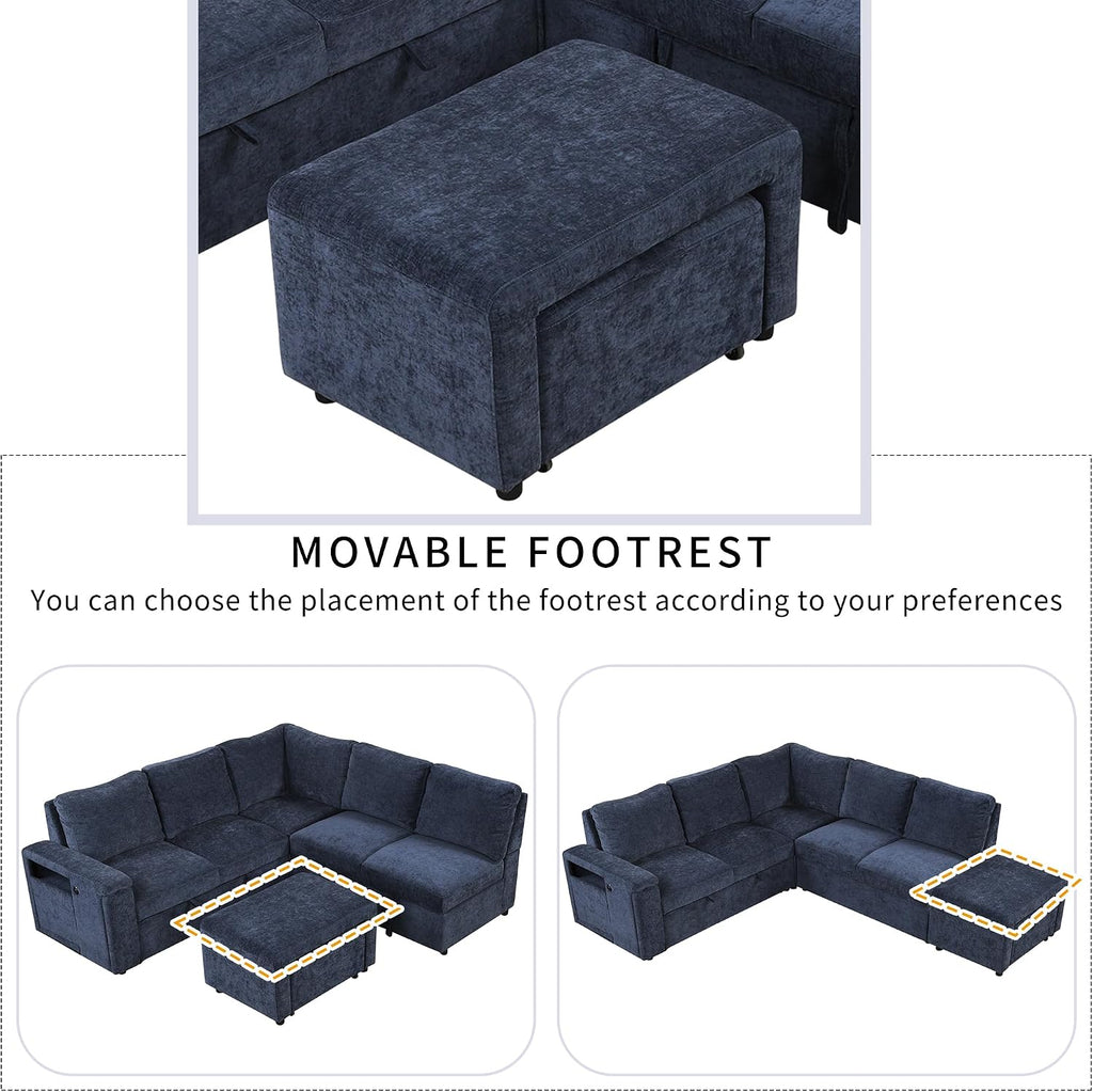 Merax L-Shaped Modular Sectional Sofa with Removable Storage Ottoman, USB Ports and Cup Holder, 6-Seats Upholstered Couch & Armrest, Free Combination Indoor Furniture for Living Room, Apartments, Blue