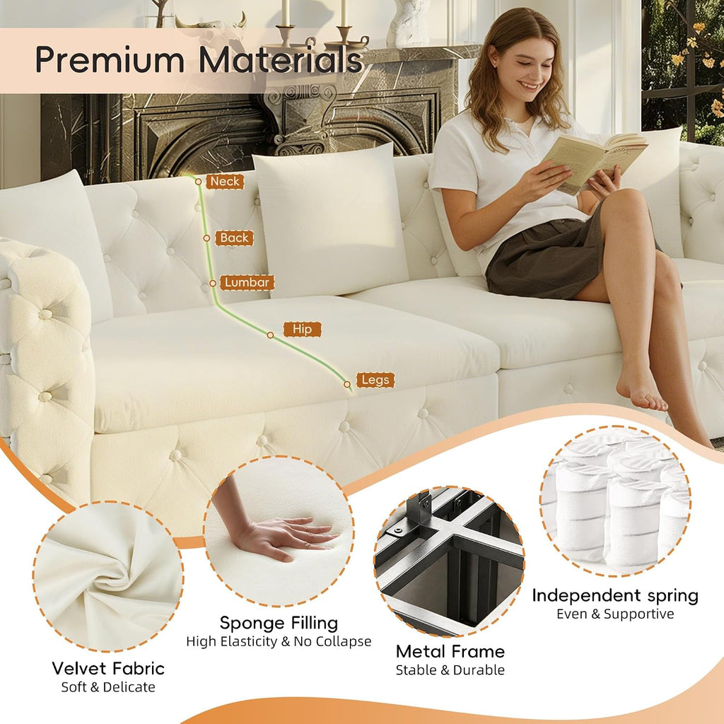 89' Pull Out Sofa Bed King Size, Velvet Chesterfield Sleeper Sofa Couch, 3 in 1 Convertible Recliner, Modern Tufted Deep Seat Couches for Living Room, Small Space, Apartment, Cream Beige
