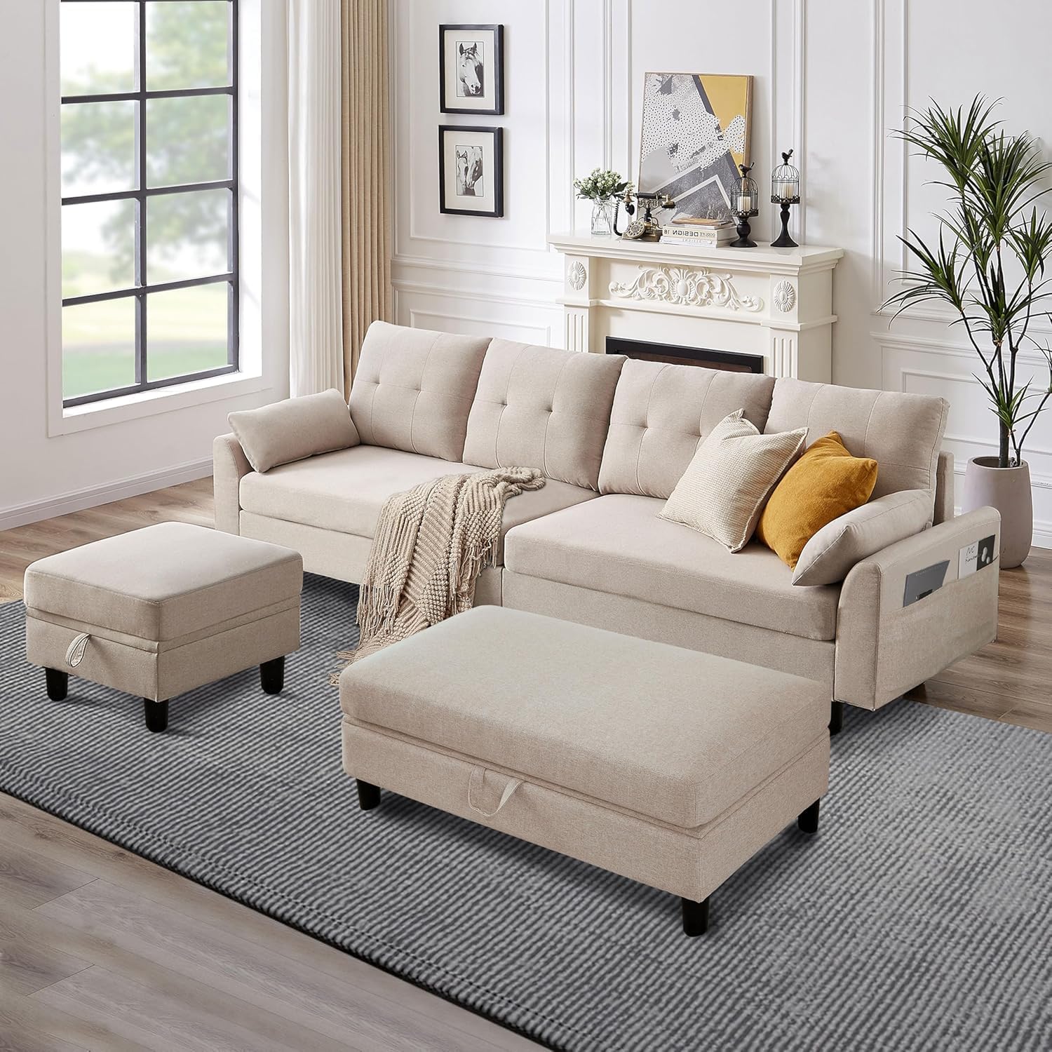 102' L-Shape Sofa Couch, Couch with Ottoman Coffee Table, 4 Seat Modern Sofa with Removable Cover for Apartment and Living Room, Beige