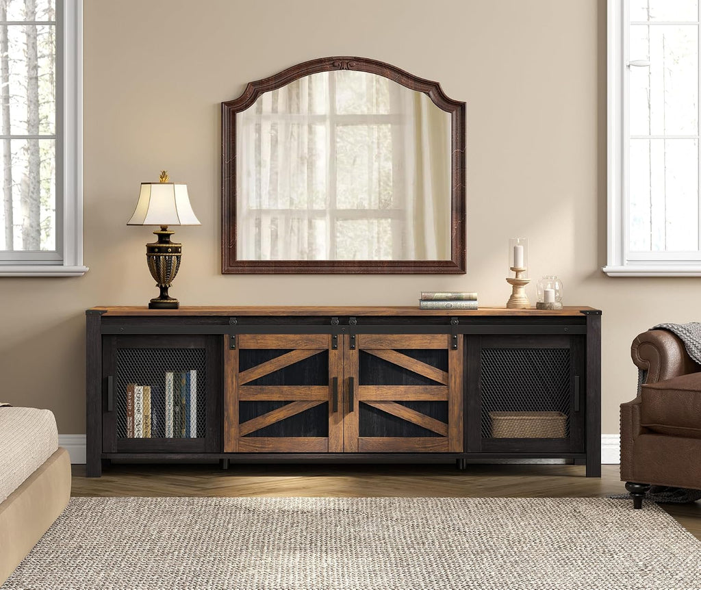 WAMPAT Farmhouse TV Stand for ups to 75 inch TV,Sliding Barn Door Entertainment Center Media TV Console Table with Storage Shelf for Living Room Bedroom，Dark Walnut and Black