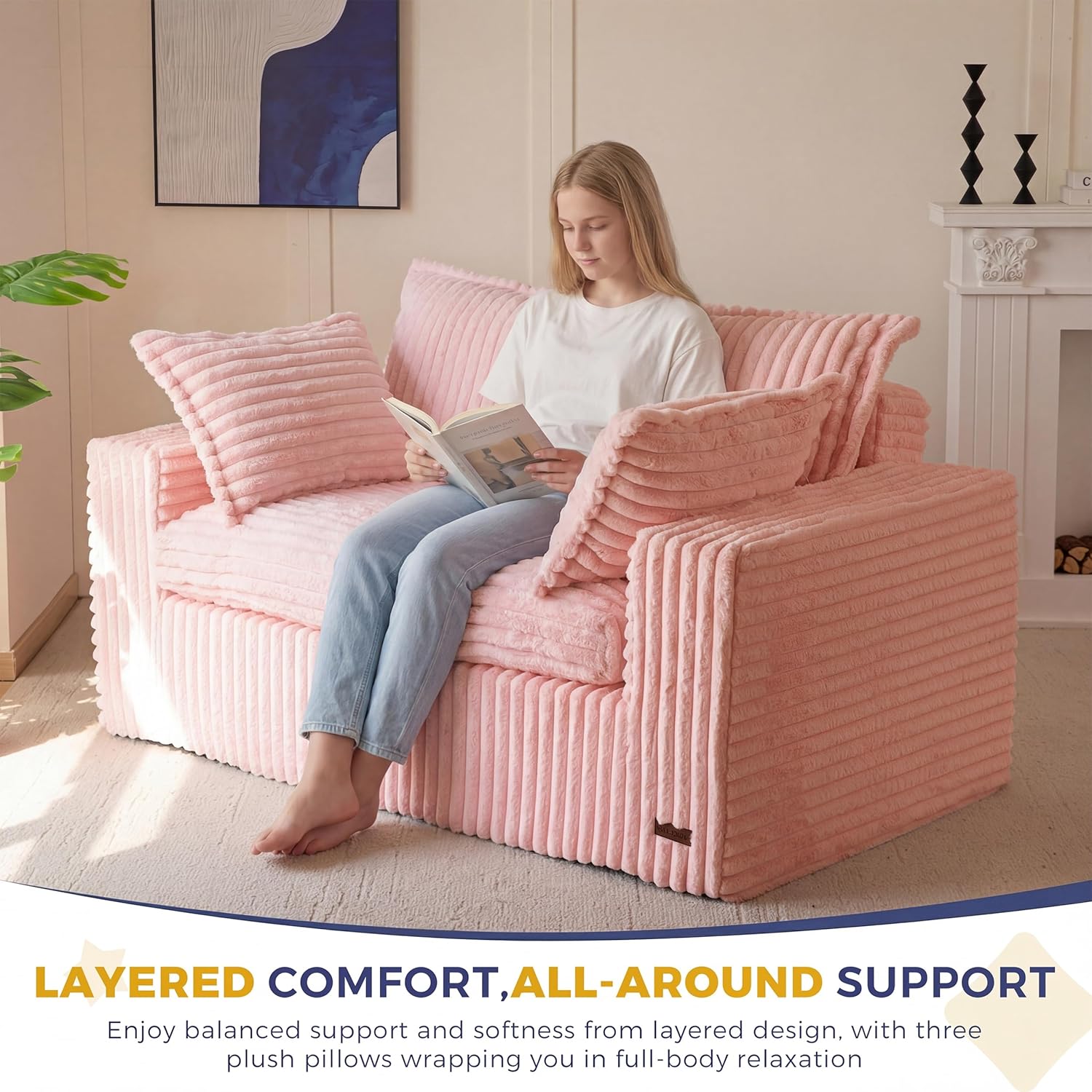 MAXYOYO 59' Bean Bag Sofa Couch, Loveseat Boneless Couch in a Box, Upholstered Small Mini Sofa with Deep Seating for Living Room Bedroom Office Apartment, No Assembly, Pink