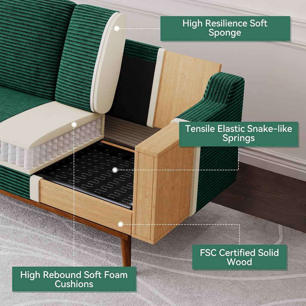 65.4' Loveseat Sofa,Comfy Forest Green Corduroy Love Seat Couches for Living Room,Mid Century Modern Small Couch for Bedroom Office with Spring Cushion,Solid Wood Frame,Tool-Free Assembly