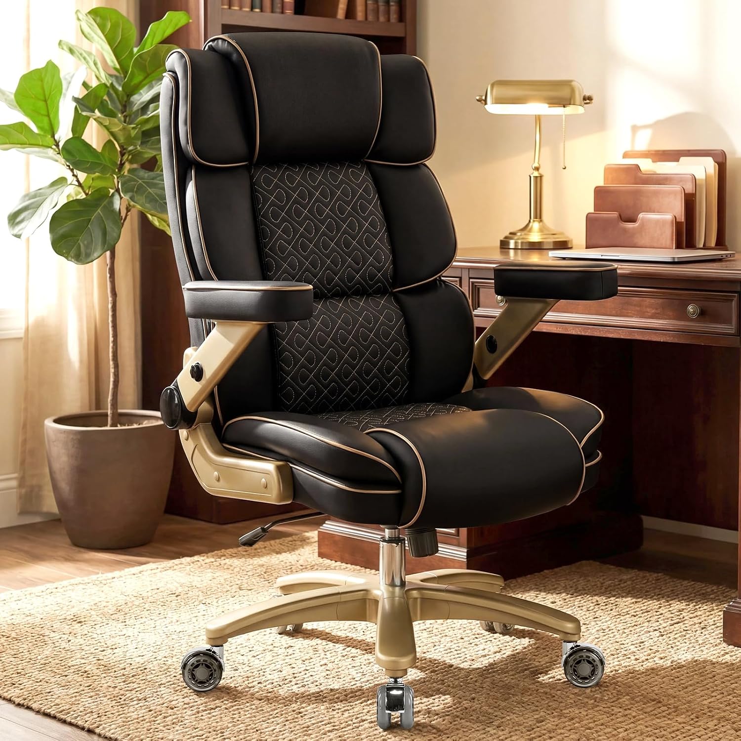Big and Tall Office Chair 500lbs, Heavy Duty Leather Chair with 5D Armrests Comfortable Seat, High Back Executive Office Chair with Adjustable Lumbar, Large Computer Chair for Home Office, Black