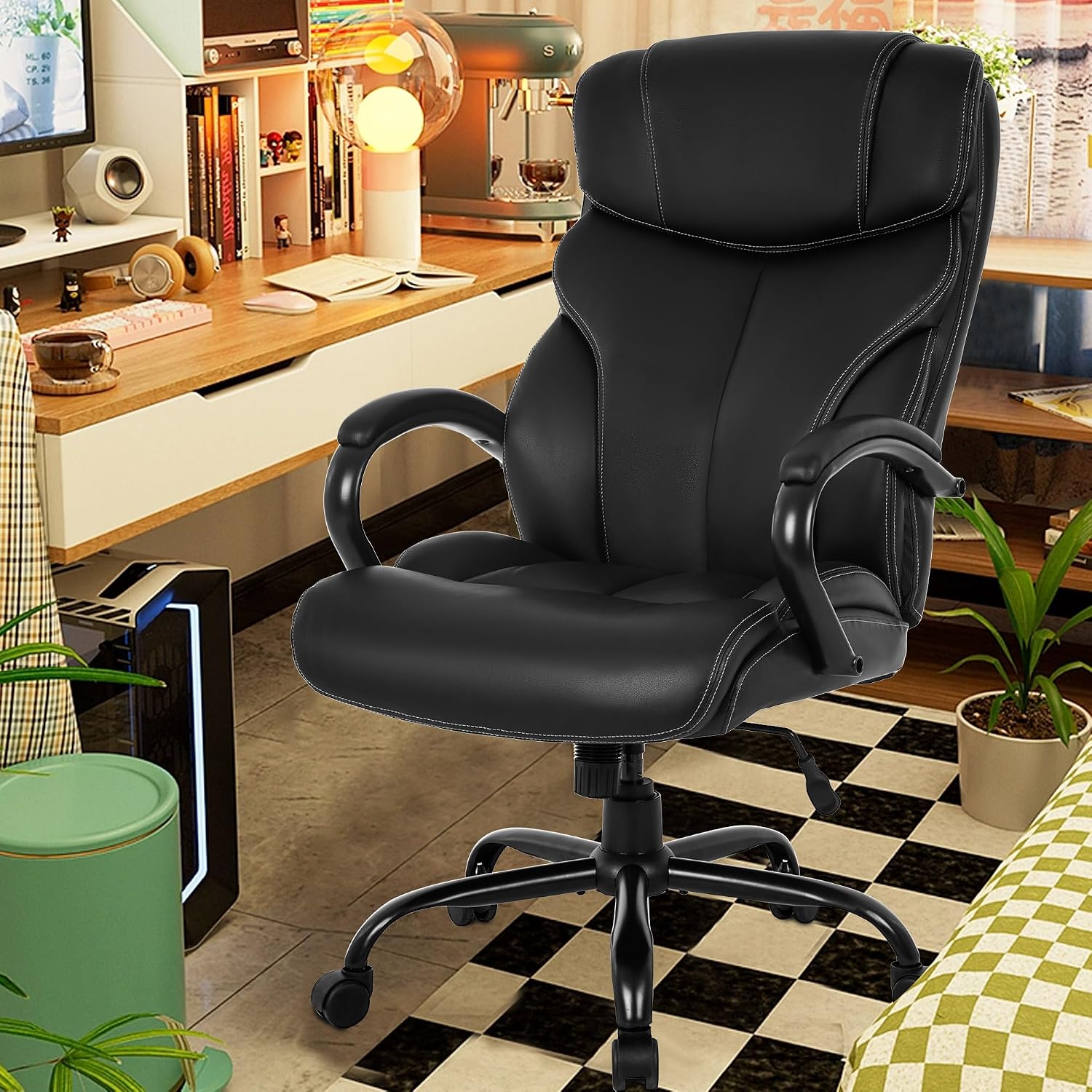 PayLessHere Big and Tall Office Chair Desk Chair 500lbs Wide Seat Ergonomic Chair with Arms and Lumbar Support Pu Leather High Back Executive Task Ergonomic Computer Chair for Back Pain, Black