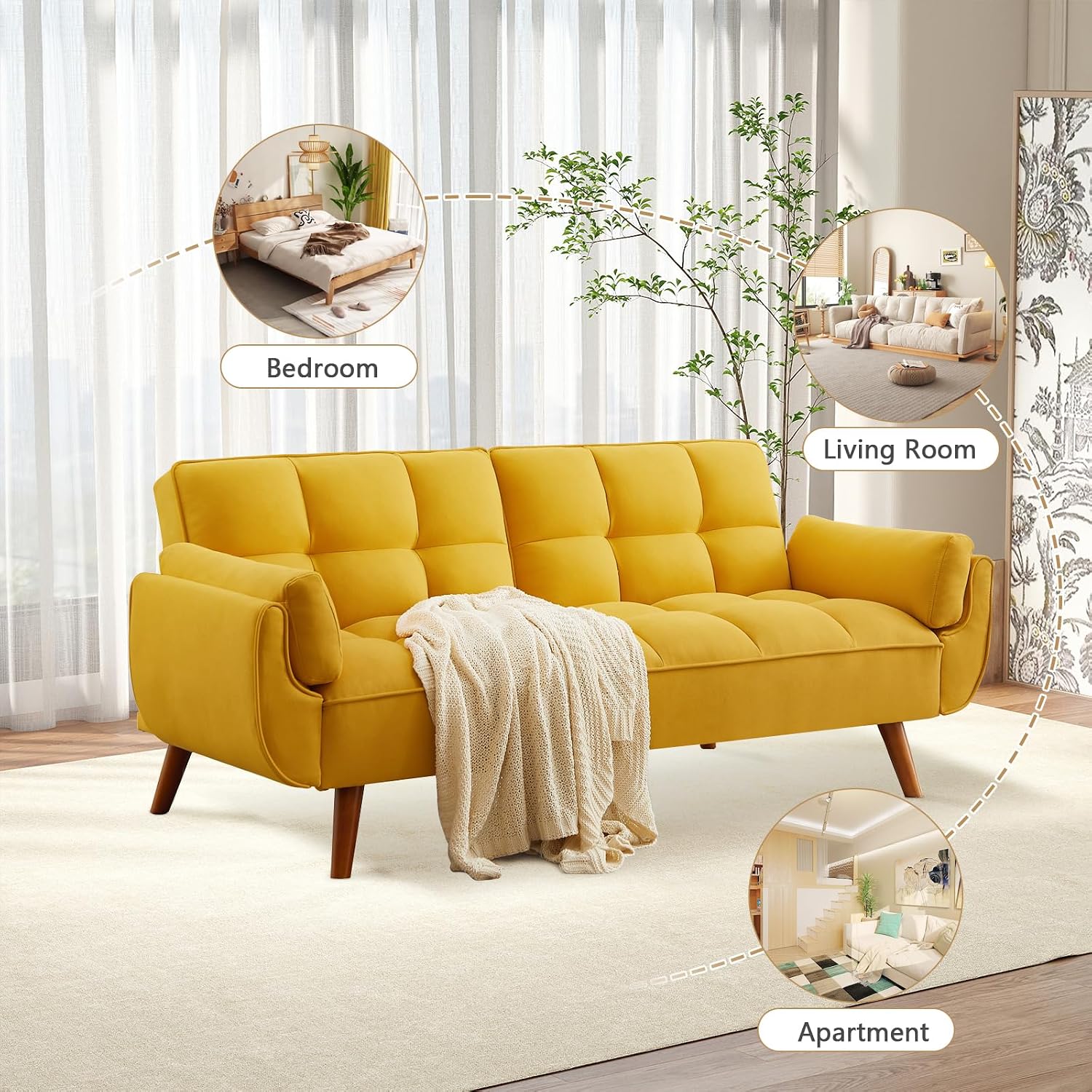 75' Convertible Futon Sofa Bed, Sleeper Couch Bed with Adjustable Backrest, Small Couches for Small Spaces, Living Room, Bedroom and Office (Yello)