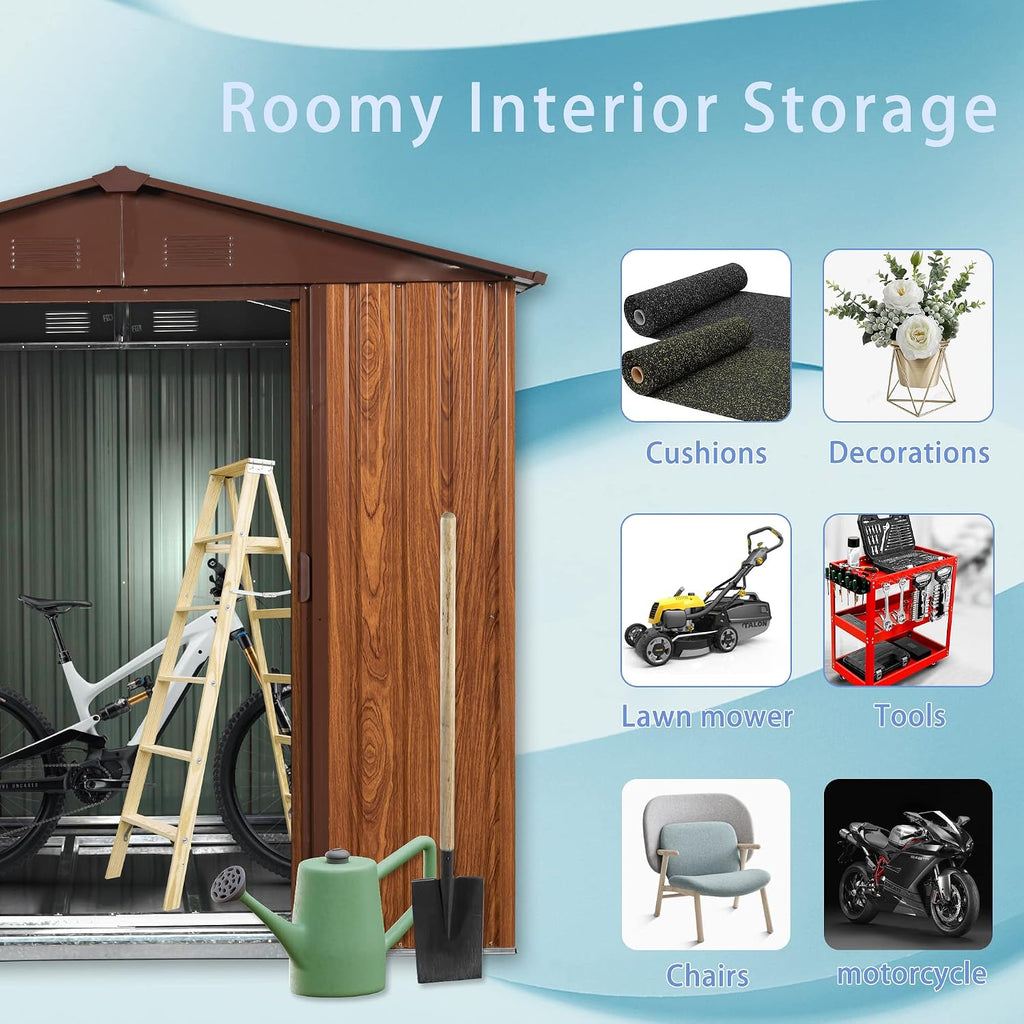 6 x 6 FT Outdoor Storage Shed, Metal Garden Shed with Floor Frame, Tool Shed Outdoor Storage with Lockable Sliding Doors & Window & Air Vents, Storage House Waterproof for Backyard, Lawn, Coffee
