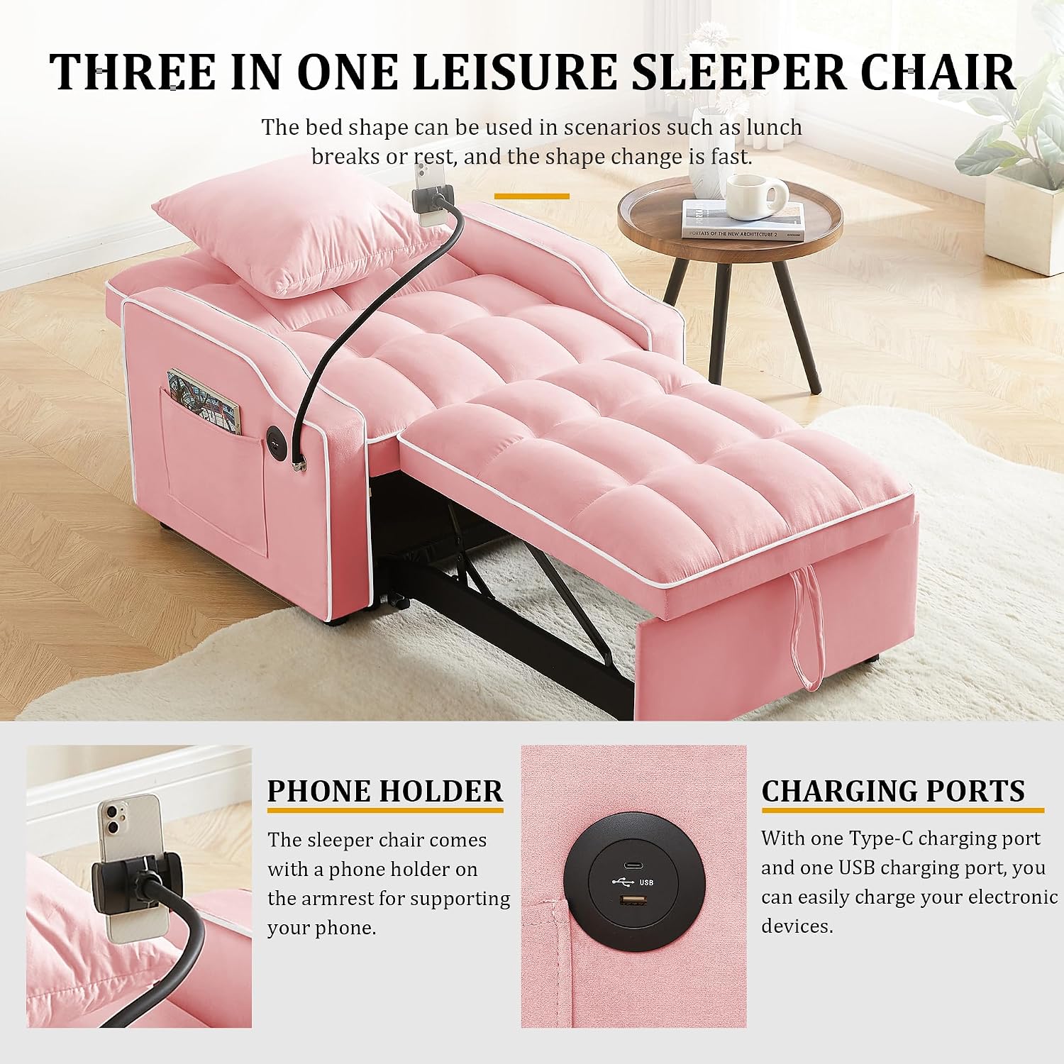 Convertible Single Sleeper Chair Bed,3 in 1 Velvet Futon Sleeper Sofa Bed with Phone Holder&USB Ports,Pull Out Couch Bed,Adjustable Recliner Armchair bed for Living Room,Office,Small Places(Pink)