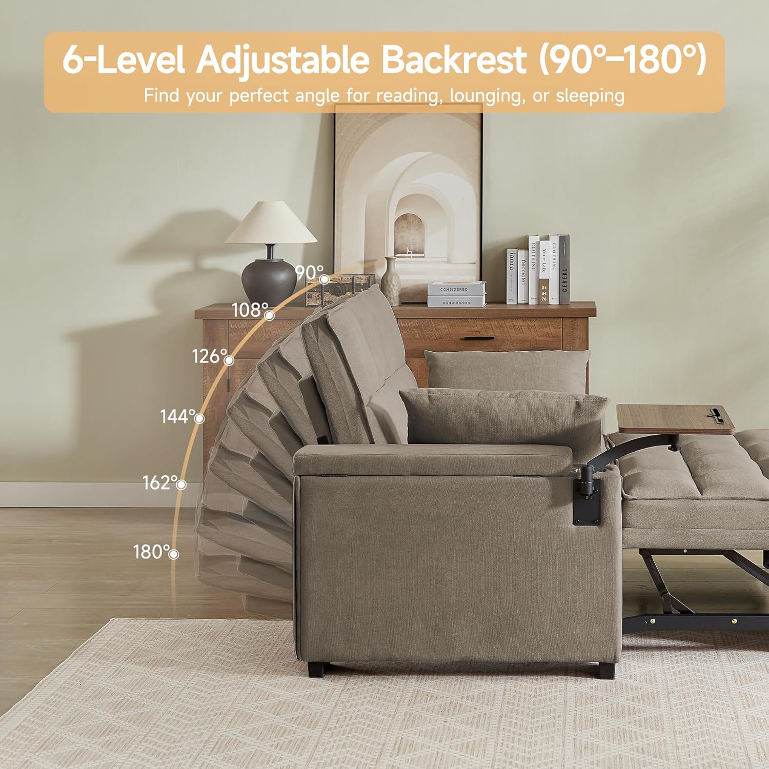 hansones 66' Multi-Functional Pull-Out Sofa Bed with Hidden Side Table, Storage Armrests, Built-in Charging Port, Spring Mattress, Solid Wood Frame – Ideal for Small Spaces, Easy Assembly