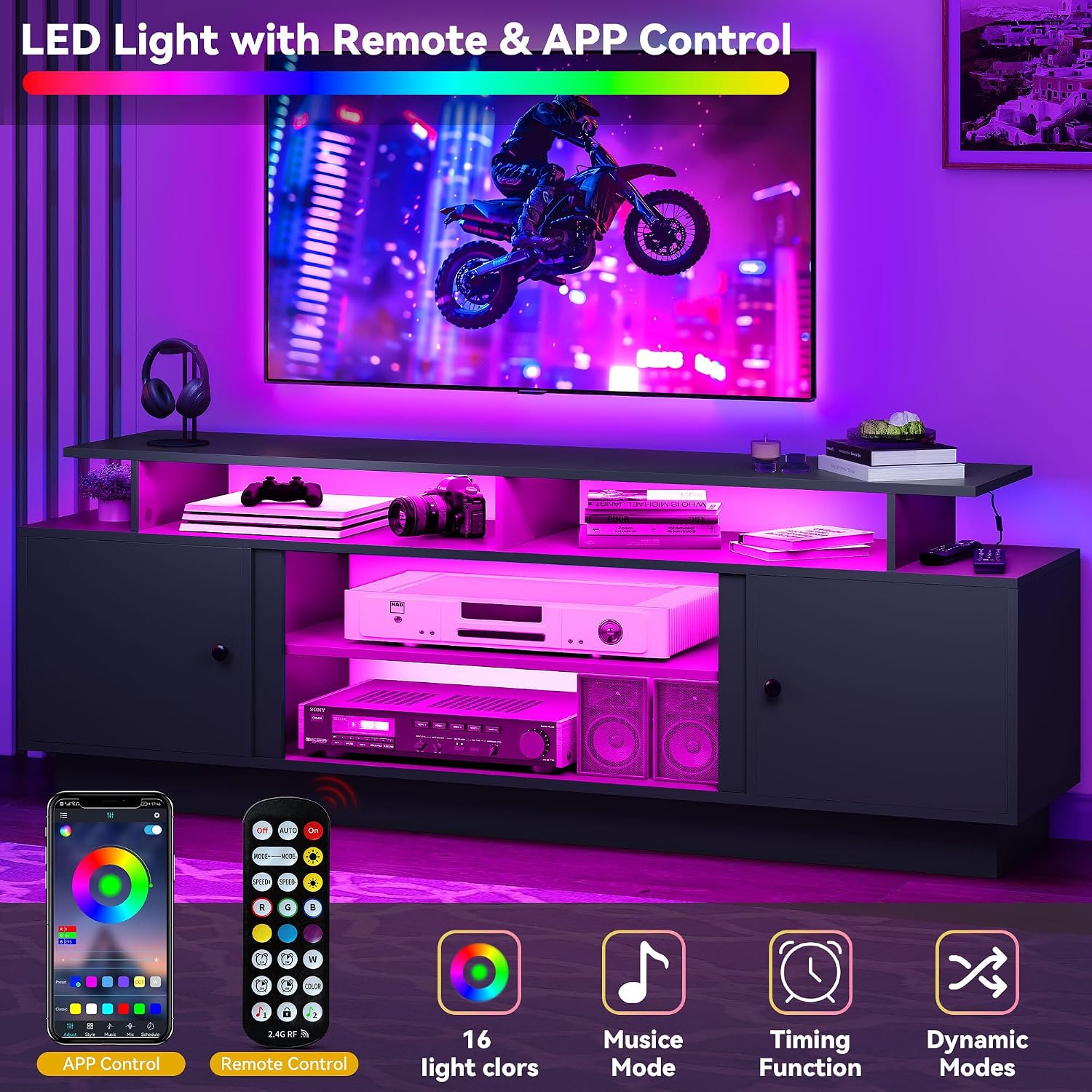 DWVO Modern TV Stand for 75 Inch TVs, Entertainment Center with LED Lights, TV Console with Storage Cabinets & Movable Partition for Living Room, Black
