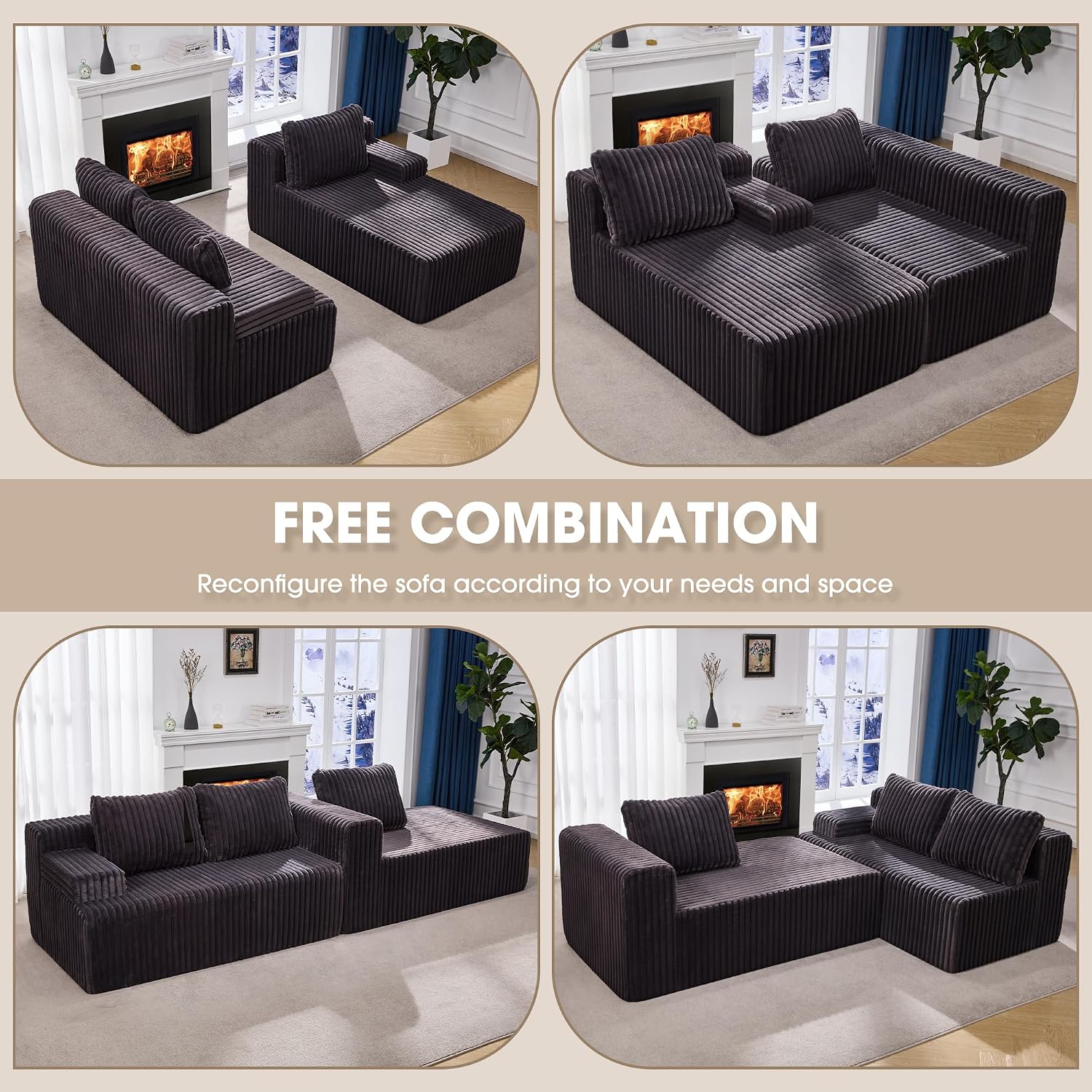 Modular Sectional Sofa Couches L-Shape Couch 3 Seat Modular Sofa Memory Foam Sectional Couches for Living Room, Cloud Couch with Oversized Chaise (Grey Stripe, 98' Right Facing Chaise)