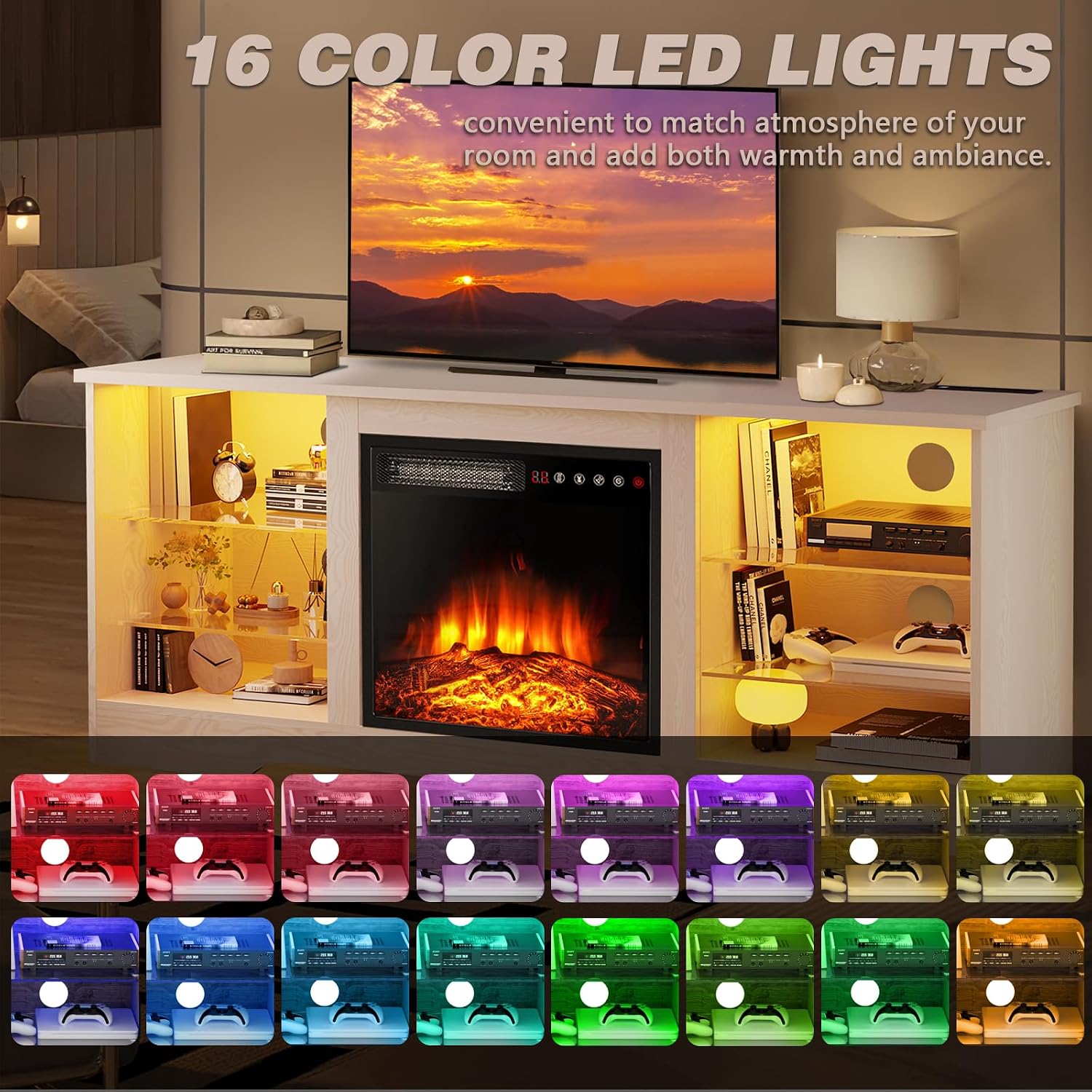 LEMBERI 58 Inches Fireplace TV Stand for TVs up to 65 Inches Console with 18'' Electric Fireplace & Remote, Wooden Modern Entertainment Center for Living Room with LED Light Glass Shelves (Beige)