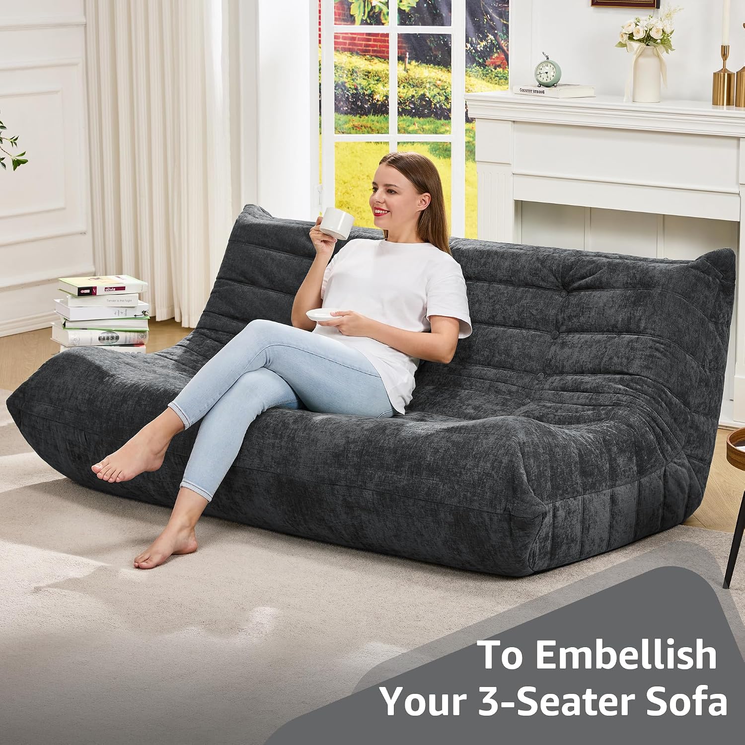 Bean Bag Chairs for Adults Giant Bean Bag Chair Memory Foam BeanBag Chair Bean Bag Sofa with Filler Faux Fur Fireside Beanbags Lazy Sofa for Living Room Bedroom Office (Darkgrey Chenille, 3-Seater)