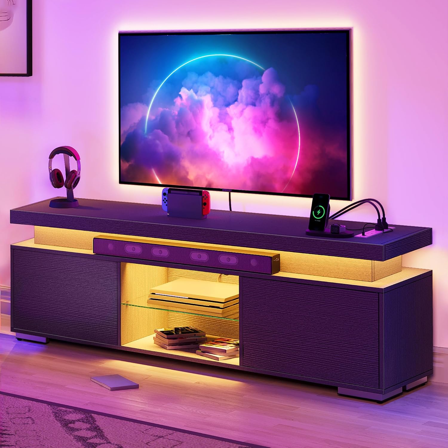 YITAHOME Black TV Stand for 65 inch TV, Entertainment Center with Storage, Modern LED TV Stand w/Power Outlets for Living Room, TV Console Media Cabinet, Black