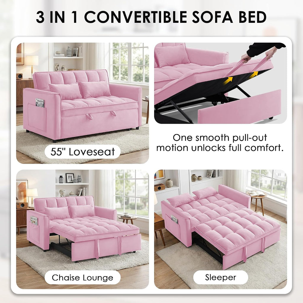 3 in 1 Convertible Sleeper Sofa Bed, 55' Pull Out Couches, Modern Loveseat Sleeper Sofa with Adjustable Reclining Backrest & Side Pockets for Living Room, Velvet Fabric, Pink