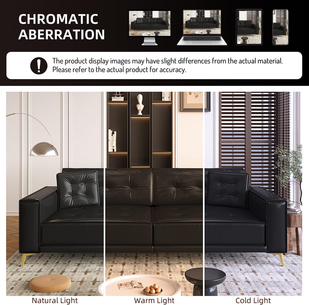 92.1'' King Pull out Sofa Bed, Convertible Futon Couch, 3-in-1 Faux Leather Sleeper Sofa with Tufted Back, 2 Pillows, Gold Legs, Deep Folding Loveseat Couches for Living Room, Apartment, Black