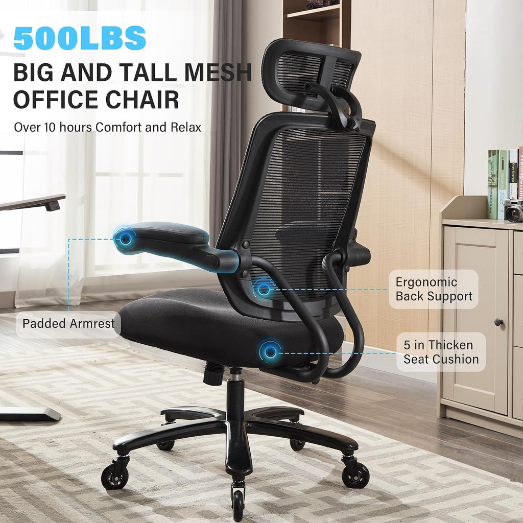 500lbs Big and Tall Office Chair - Heavy Duty Mesh Ergonomic Desk Chair with Headrest, High Back Computer Chair - Flip-up Armrests, Wide Thick Seat Cushion, Quiet Wheels, Black