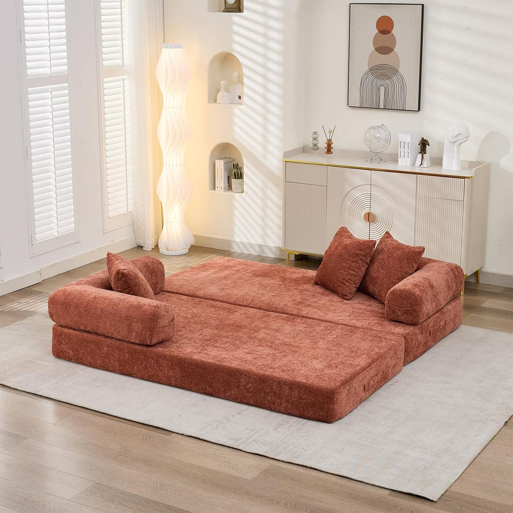 Futon Sofa Bed, Modular Convertible Folding 3 Seater Chenille Foam Floor Loveseat Sleeper Sofa Couch with 3 Pillows, No Assembly Compressed Boneless Couch, for Living Room Bedroom Guest Room, Orange