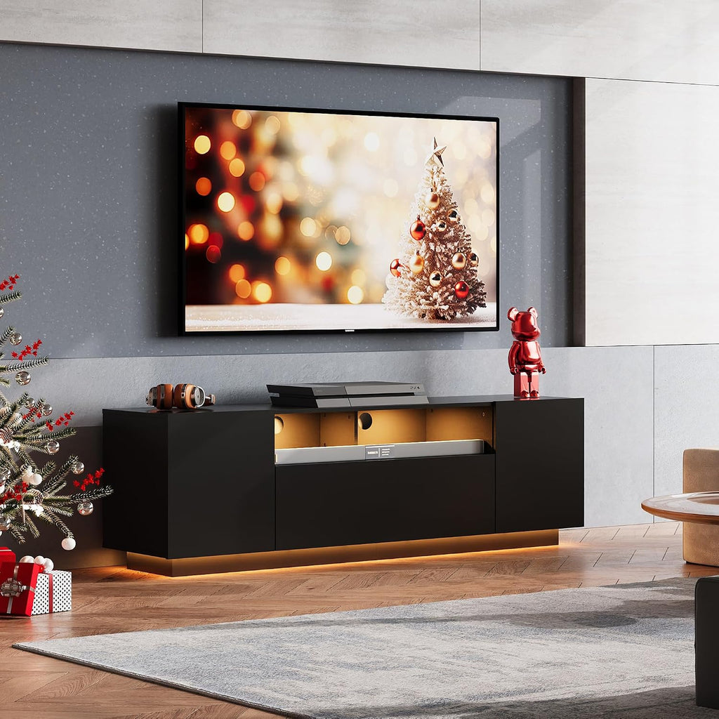 WLIVE Modern TV Stand for 65 Inch TV, Entertainment Center with LED Lights & Large Storage Cabinets, Sturdy Media Console for Living Room, Bedroom, Gaming(Black)