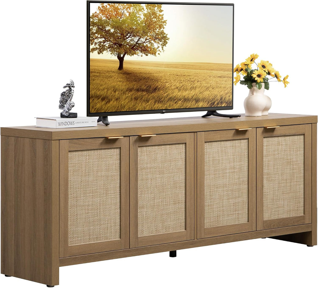SICOTAS TV Stand for Living Room Boho Entertainment Center for Bedroom with 4 Rattan Cabinets Farmhouse Television Stands with Storage Large Media Console Table for TVs up to 65 Inch