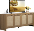 SICOTAS TV Stand for Living Room Boho Entertainment Center for Bedroom with 4 Rattan Cabinets Farmhouse Television Stands with Storage Large Media Console Table for TVs up to 65 Inch