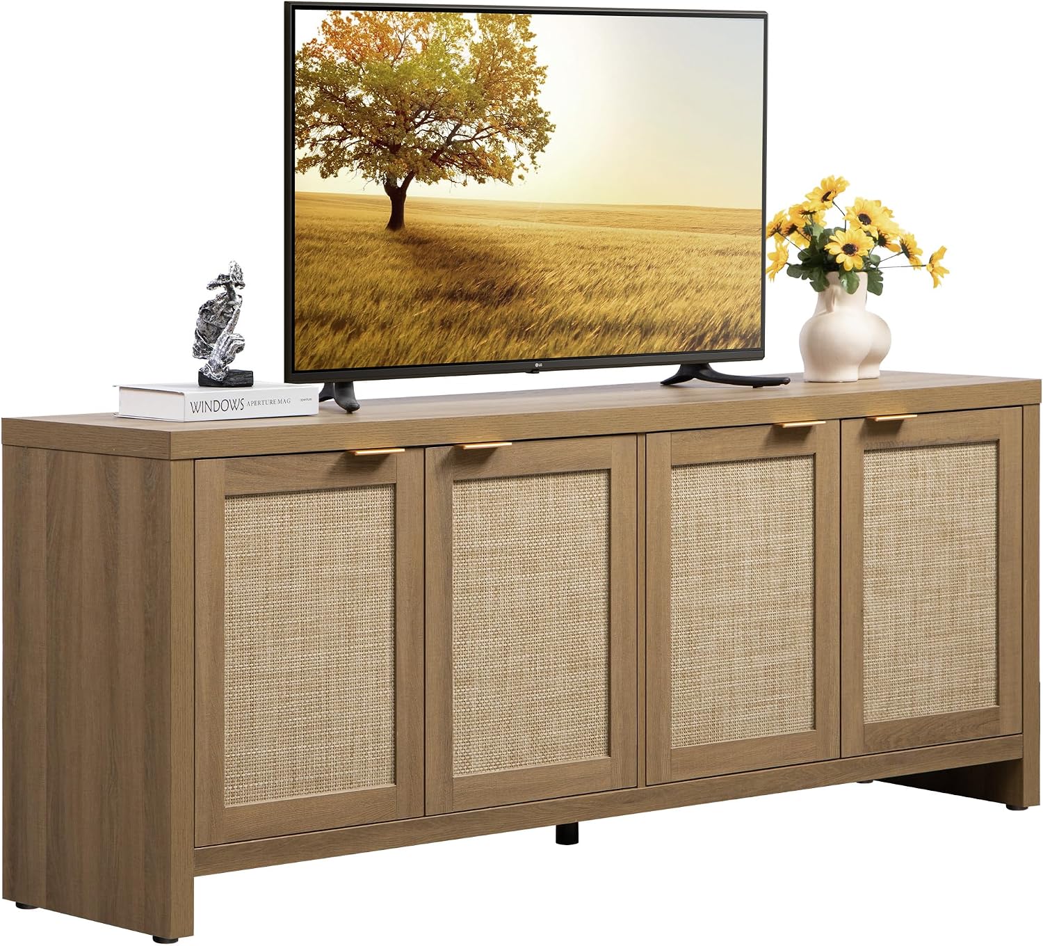 SICOTAS TV Stand for Living Room Boho Entertainment Center for Bedroom with 4 Rattan Cabinets Farmhouse Television Stands with Storage Large Media Console Table for TVs up to 65 Inch