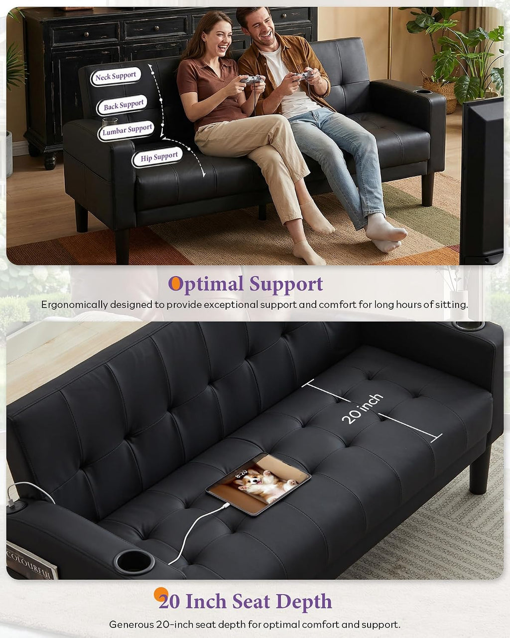 TYBOATLE Sofa Couch 62' W Loveseat w/ 2 USB Charger Ports & 2 Cupholders, Mid-Century Modern Tufted Small Love Seat Couches for Office, Living Room,Bedroom,Apartment,Dorm (3, Black)