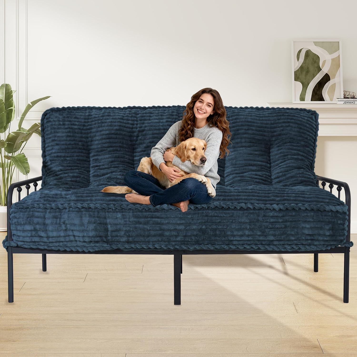 8' Futon Mattress Full Size 54' x 80', Futon Sofa Couch Bed with Twisted Rope Design Edging, Extra Thick Corded Floor Futon Mattress Sleeping Mat for Adults, Camping, Dorm, Blue(Frame Not Included)
