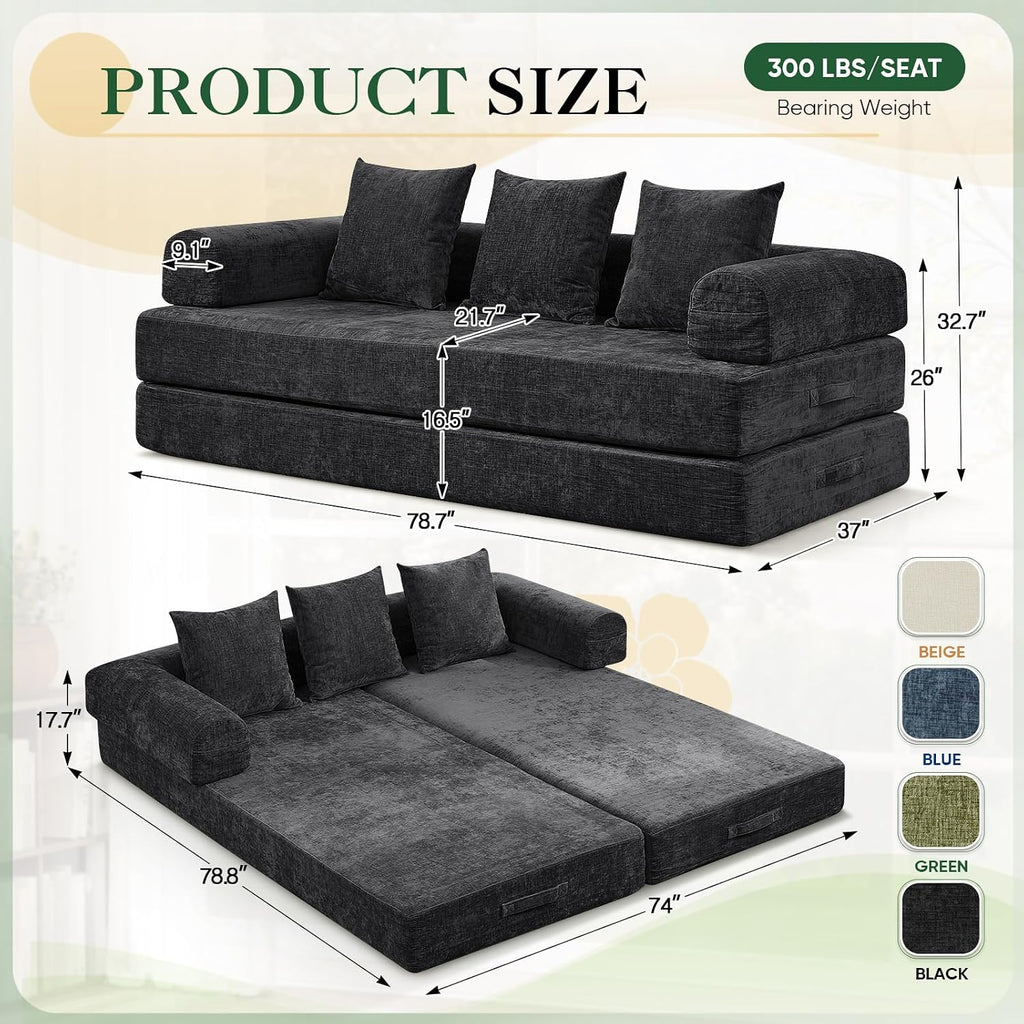 Deolme 3 in 1 Convertible Futon Sofa Bed, Modern King Size Chenille Loveseat Sleeper Sofa Folding, 3-Seater Foldable Lounger Couch Bed for Living Room, Bedroom Guest Room (Black, 3 Throw Pillows)
