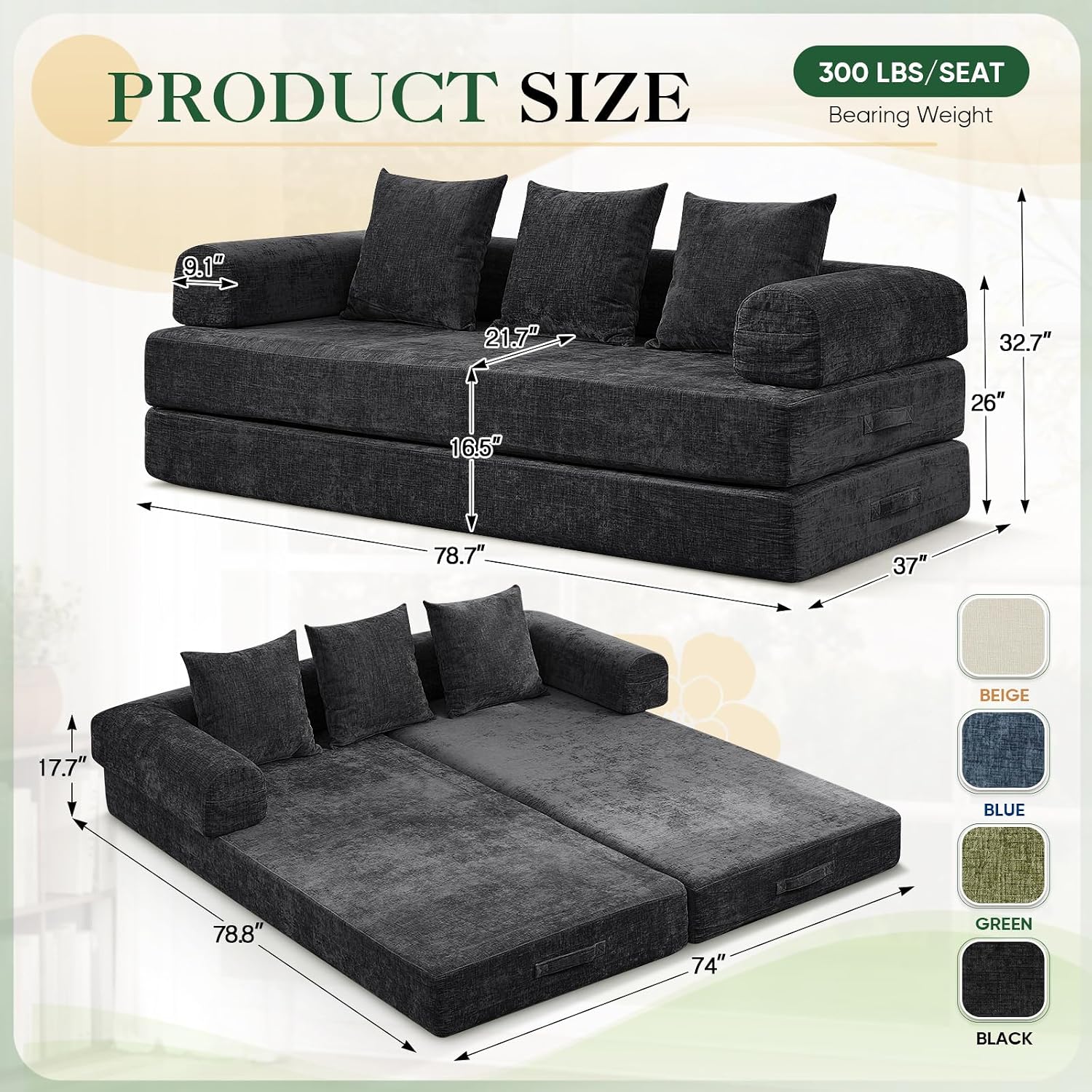 Deolme 3 in 1 Convertible Futon Sofa Bed, Modern King Size Chenille Loveseat Sleeper Sofa Folding, 3-Seater Foldable Lounger Couch Bed for Living Room, Bedroom Guest Room (Black, 3 Throw Pillows)
