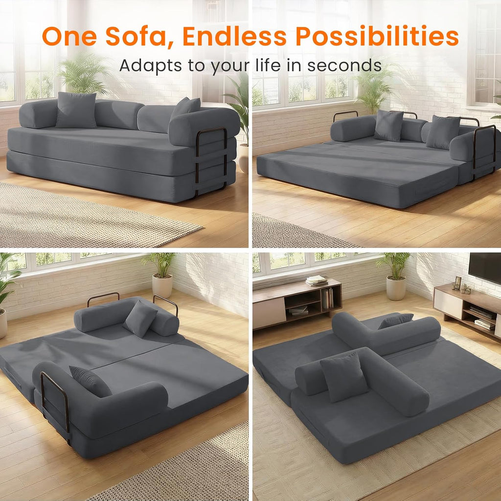 ijuicy 4-in-1 King Convertible Floor Sofa Bed w/ 2 Pillow,Modular Sleeper Sofa/Folding Futon Couch Bed w/Cylindrical Backrest and Fixed Frame,Lounge Couch,Corduroy Compression Sofas for Home-Dark Grey