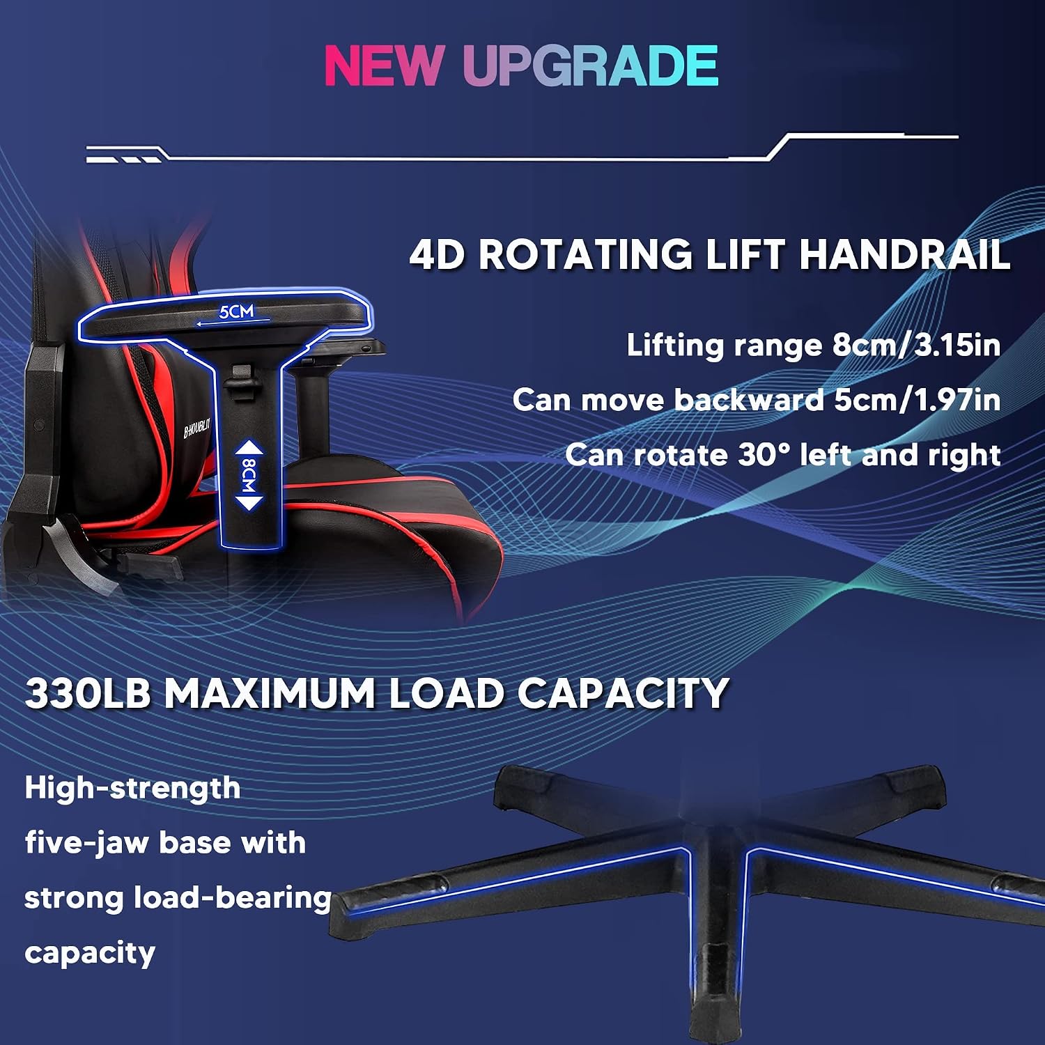 Gaming Chair with Footrest Computer Chairs for Adults PU Gamer Chair with Speakers and RGB Lights Full Massage Desk Chair Swivel Office Chair with Headrest 4D Armrest and Lumbar Support,Black