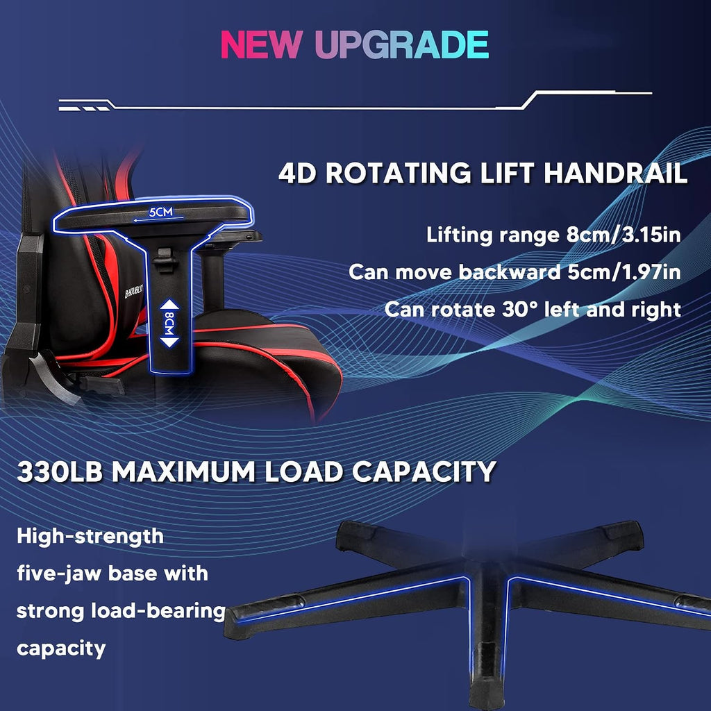 Ergonomic Pro Gaming Chair Video Game Chair with Footrest and 7-Point Massage Computer Chair with Speakers and RGB Lights Office Chairs Height Adjustable 4D Armrests Lumbar Support Headrest,Bl