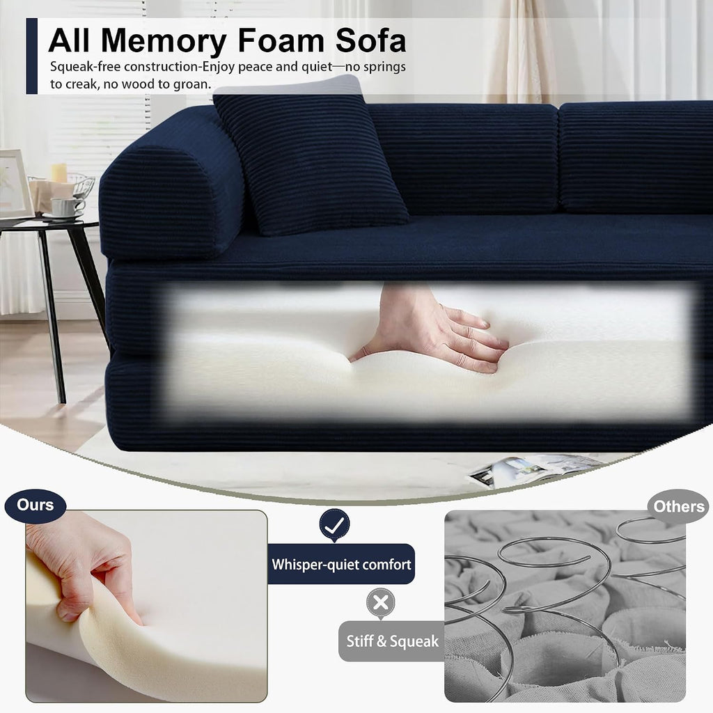 JJJ 78 inch Sofa Bed 4-in-1 Boneless Convertible Corduroy Sleeper Folding Couch with Fixed-Shape Frame and 2 Futons No Assemble Required 3 Seater Upholstered for Living Room (Blue, 78 inch)