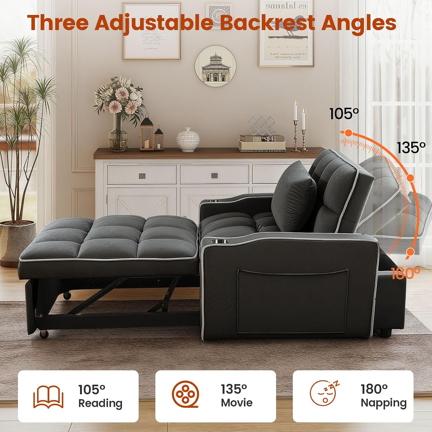 Convertible Sleeper Chair Bed, Pull Out Chair Sleeper with Bracket and Cup Holder, Chairs Bed Sleepers for Adults, 3 in 1 Sofa Bed Chairs for Small Spaces, Living Room, Black