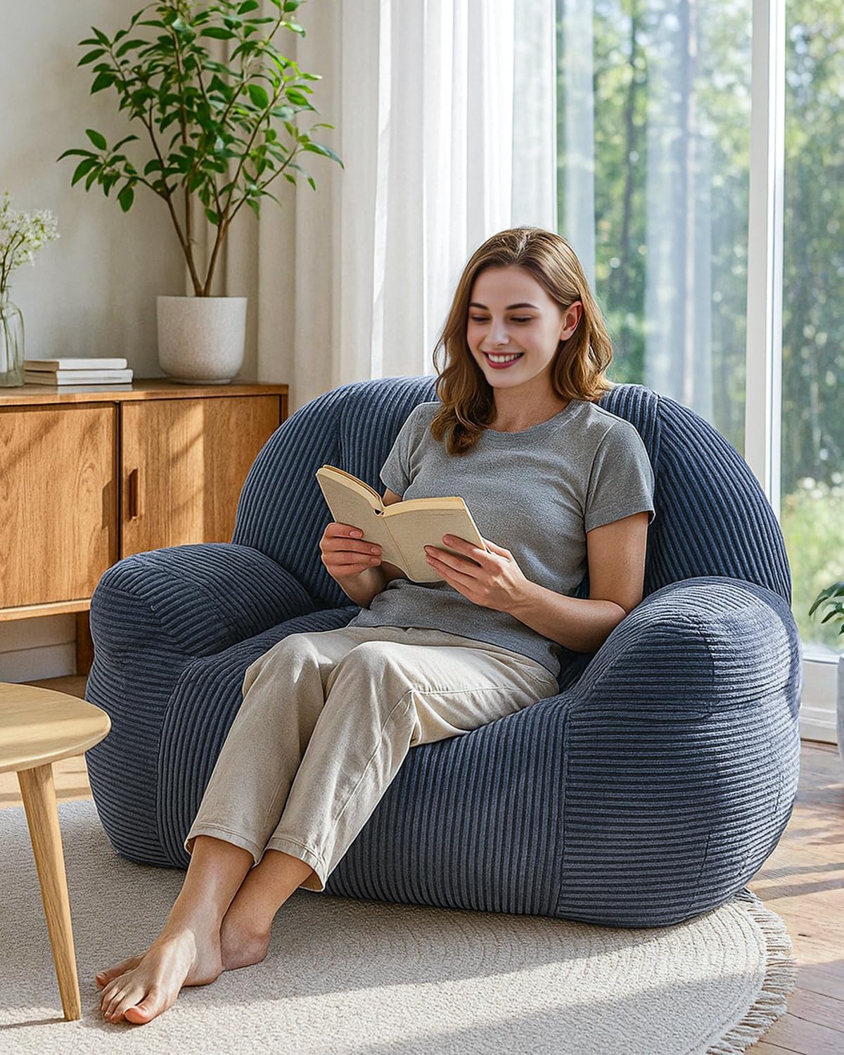 Lamerge Ergonomic Bean Bag Chair for Adults, Faux Fur Fluffy Sofa Chair with High-Density Memory Foam, Grey Comfy Bean Bag Couch for Reading, Gaming (38' Bean Bag Chair)